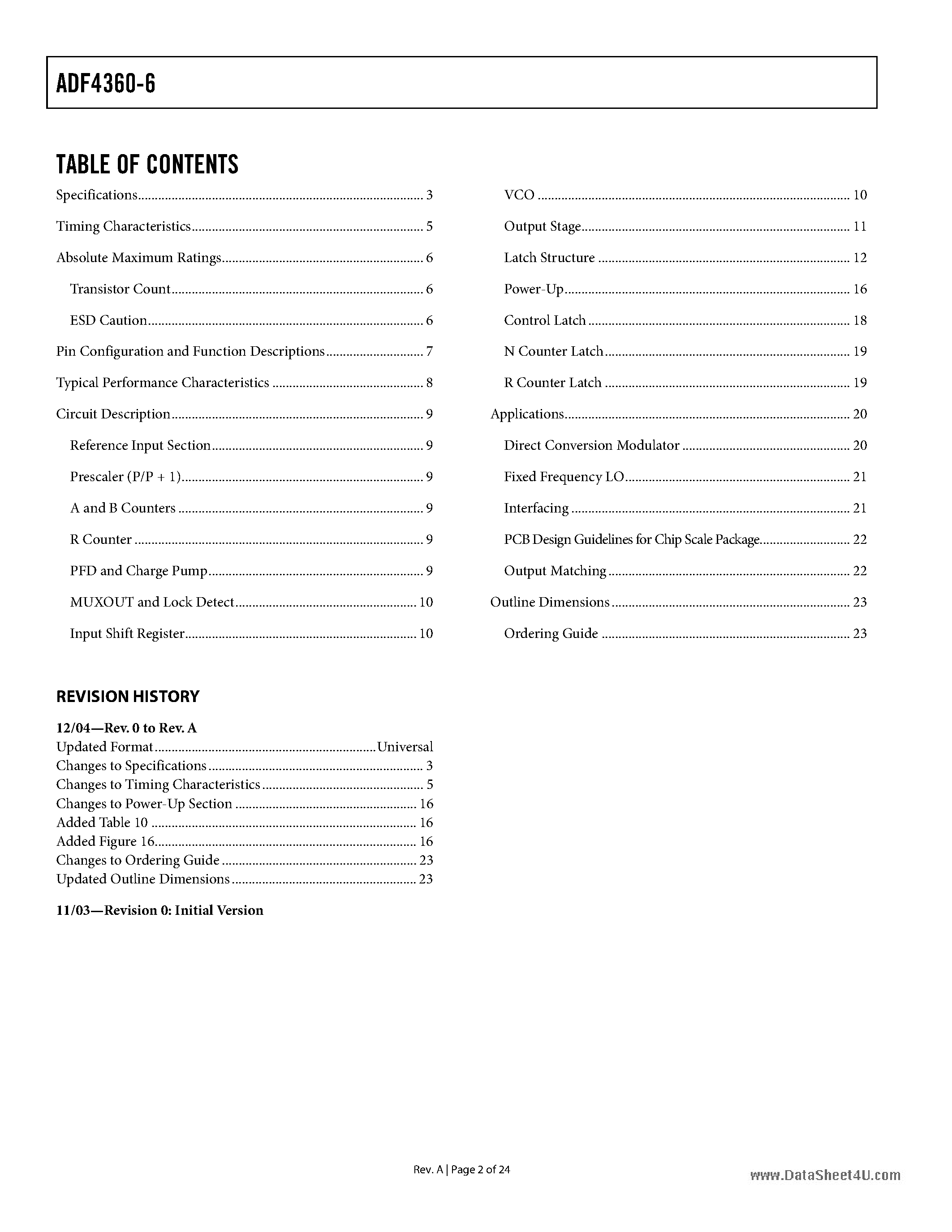 Datasheet ADF4360-6 page 2 Datasheet ADF4360-6 - Integrated Synthesizer and VCO page 2