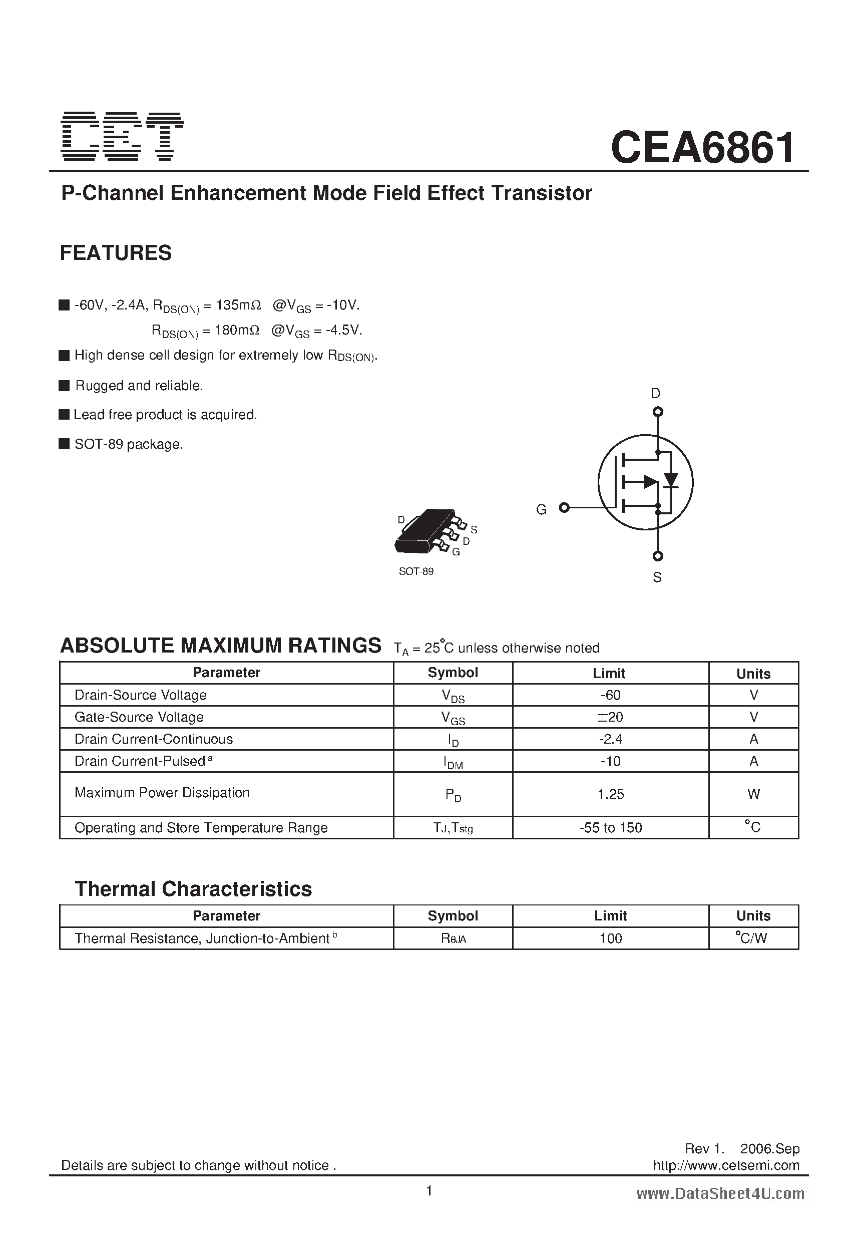 Datasheet CEA6861 - P-Channel Enhancement Mode Field Effect Transistor page 1