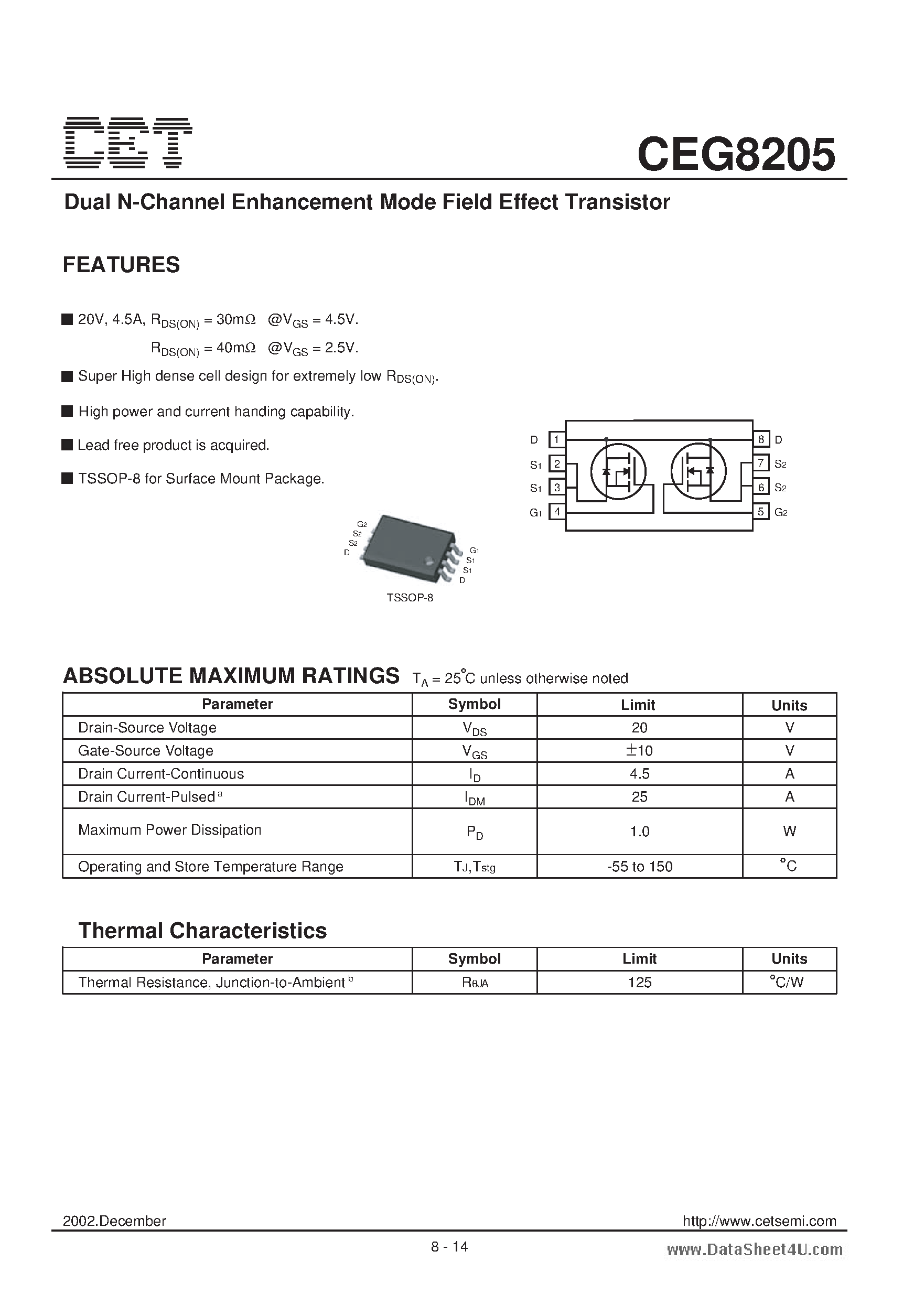 Datasheet CEG8205 - Dual N-Channel Enhancement Mode Field Effect Transistor page 1