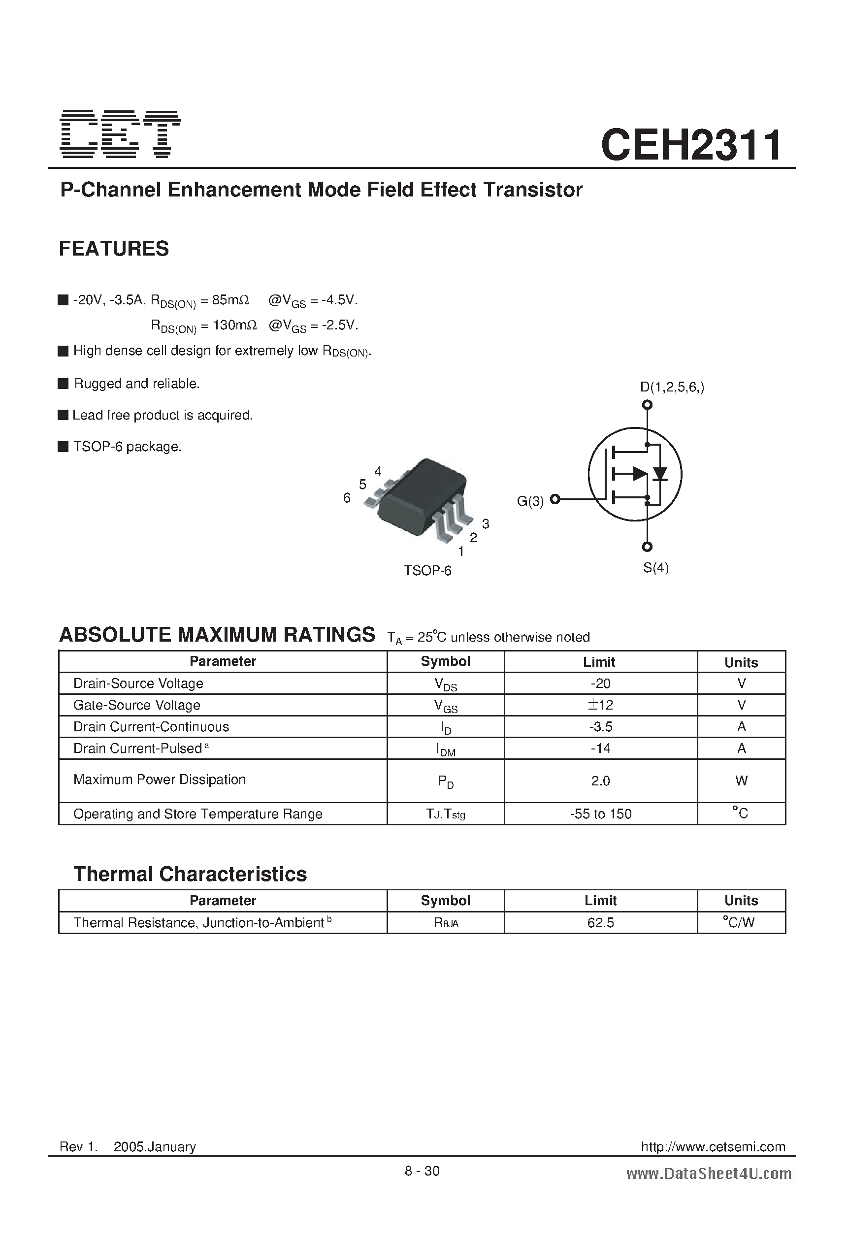 Datasheet CEH2311 - P-Channel Enhancement Mode Field Effect Transistor page 1