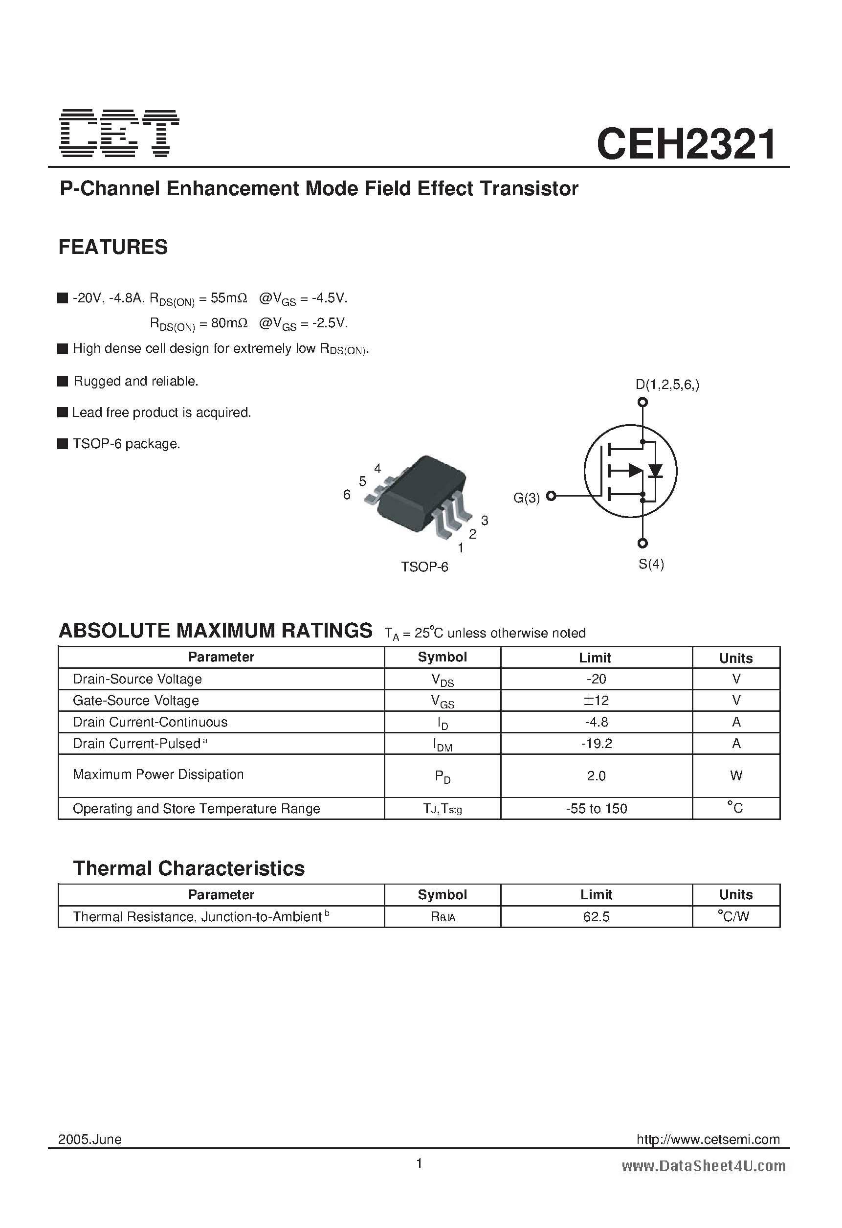 Datasheet CEH2321 - P-Channel Enhancement Mode Field Effect Transistor page 1