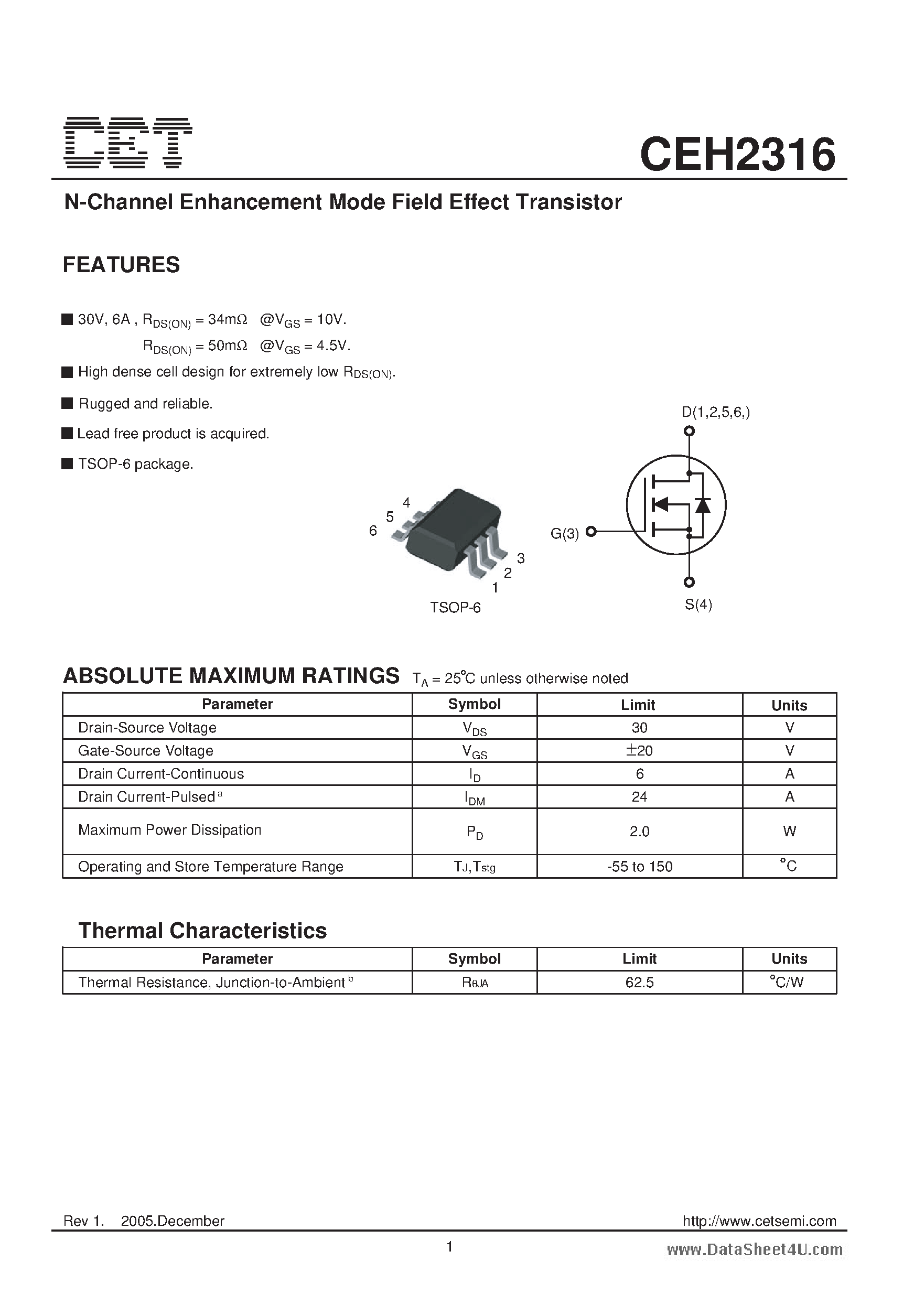 Datasheet CEH2316 - N-Channel Enhancement Mode Field Effect Transistor page 1