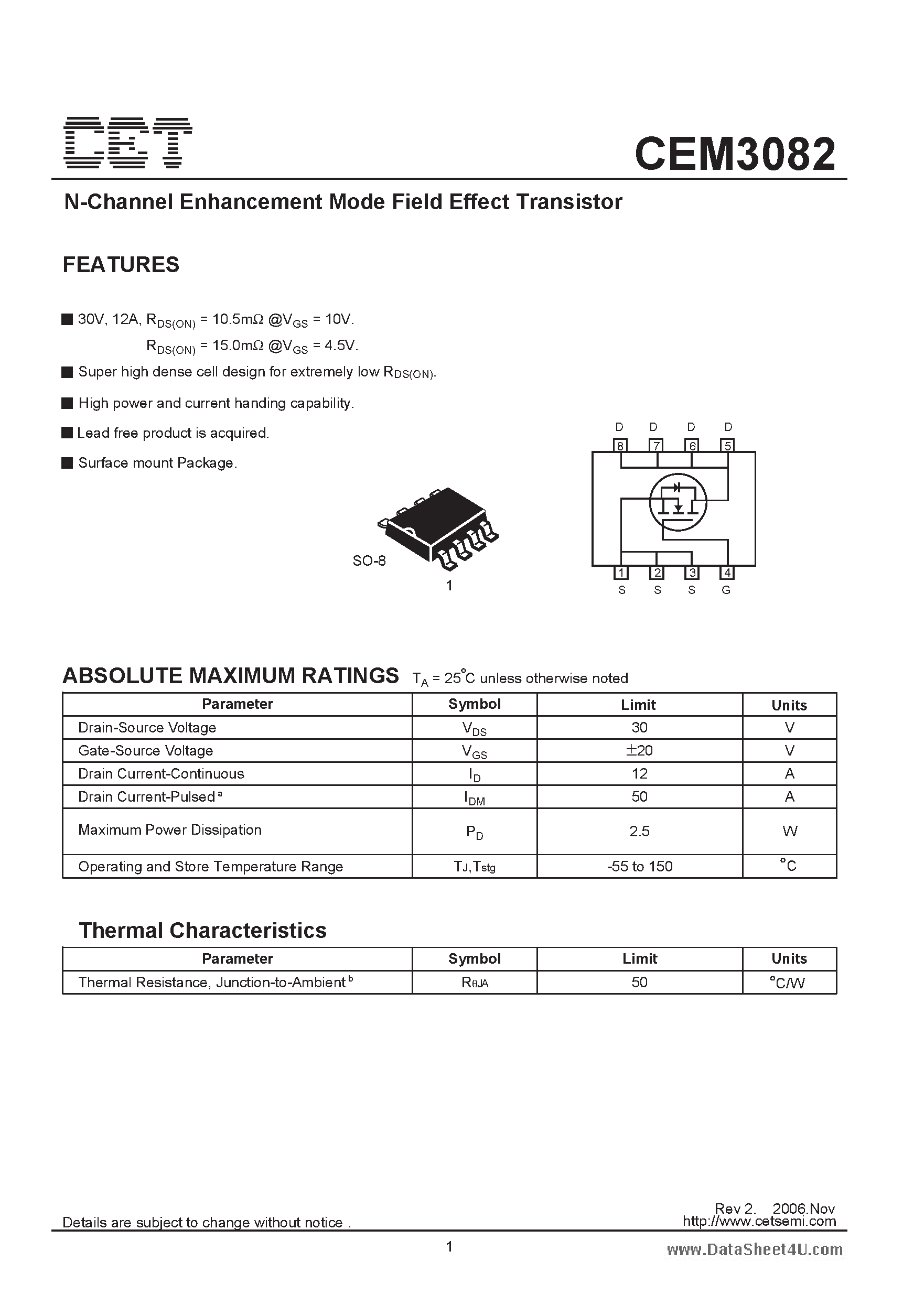 Datasheet CEM3082 - N-Channel Enhancement Mode Field Effect Transistor page 1