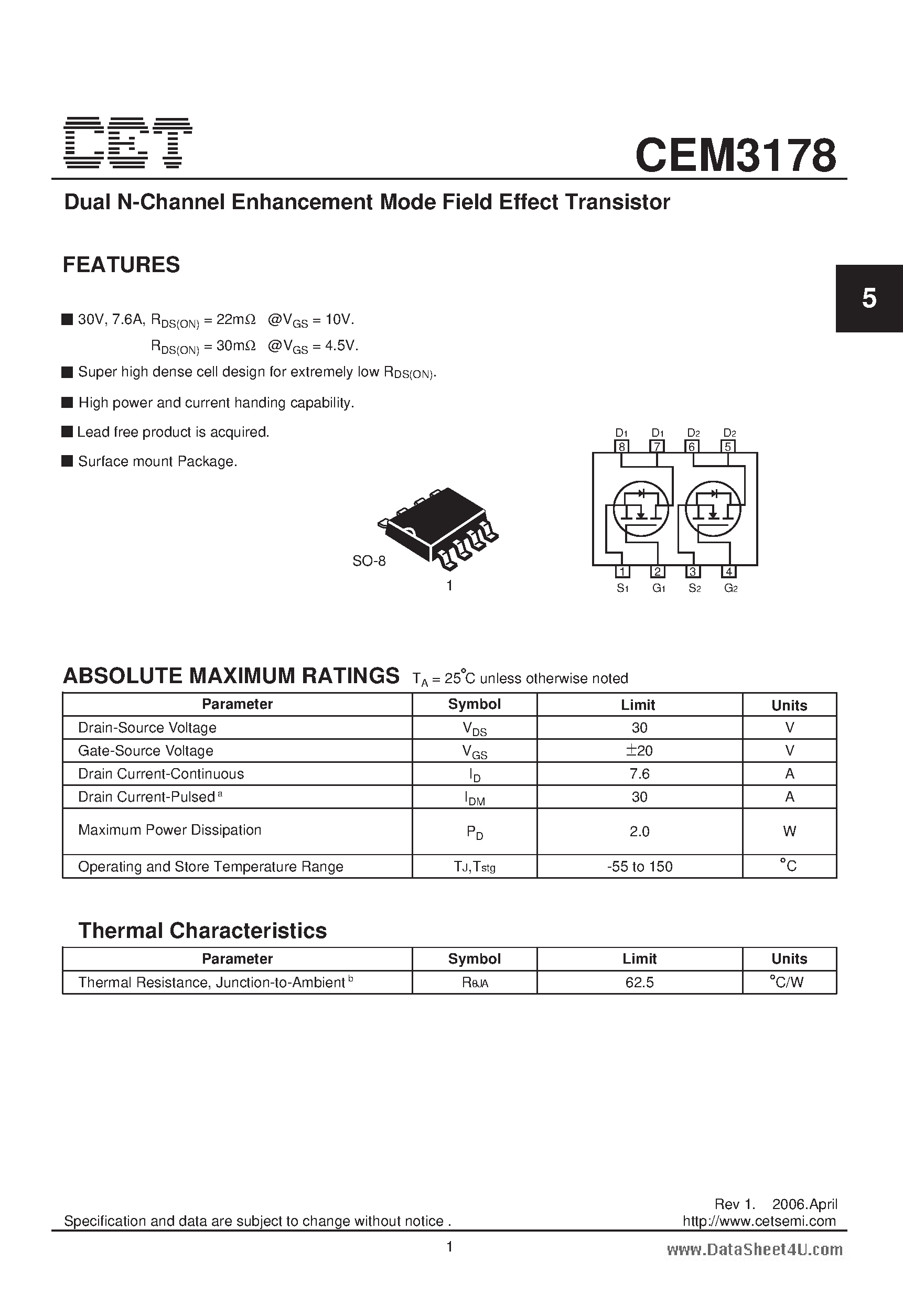 Datasheet CEM3178 - Dual N-Channel Enhancement Mode Field Effect Transistor page 1