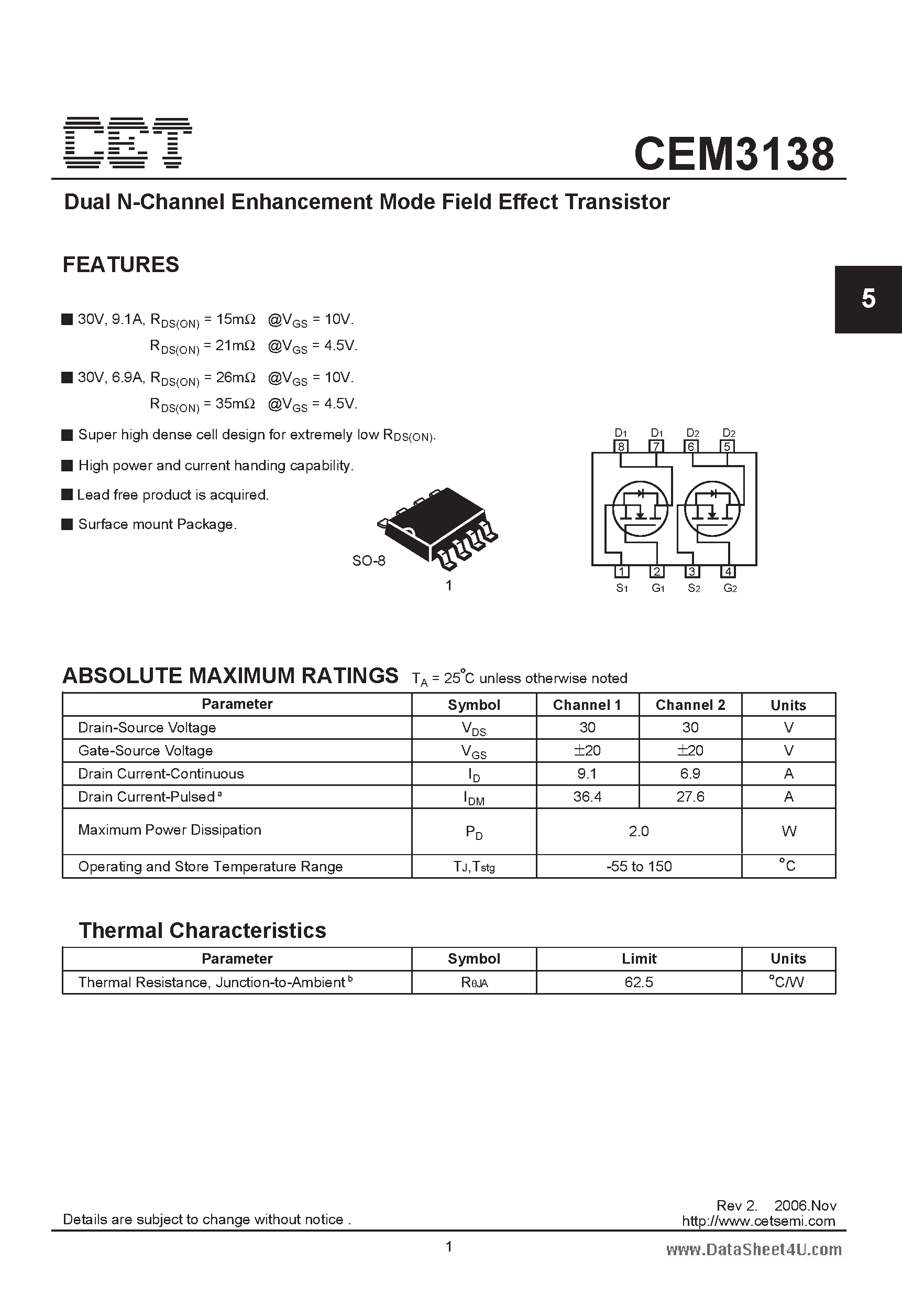 Datasheet CEM3138 - Dual N-Channel Enhancement Mode Field Effect Transistor page 1