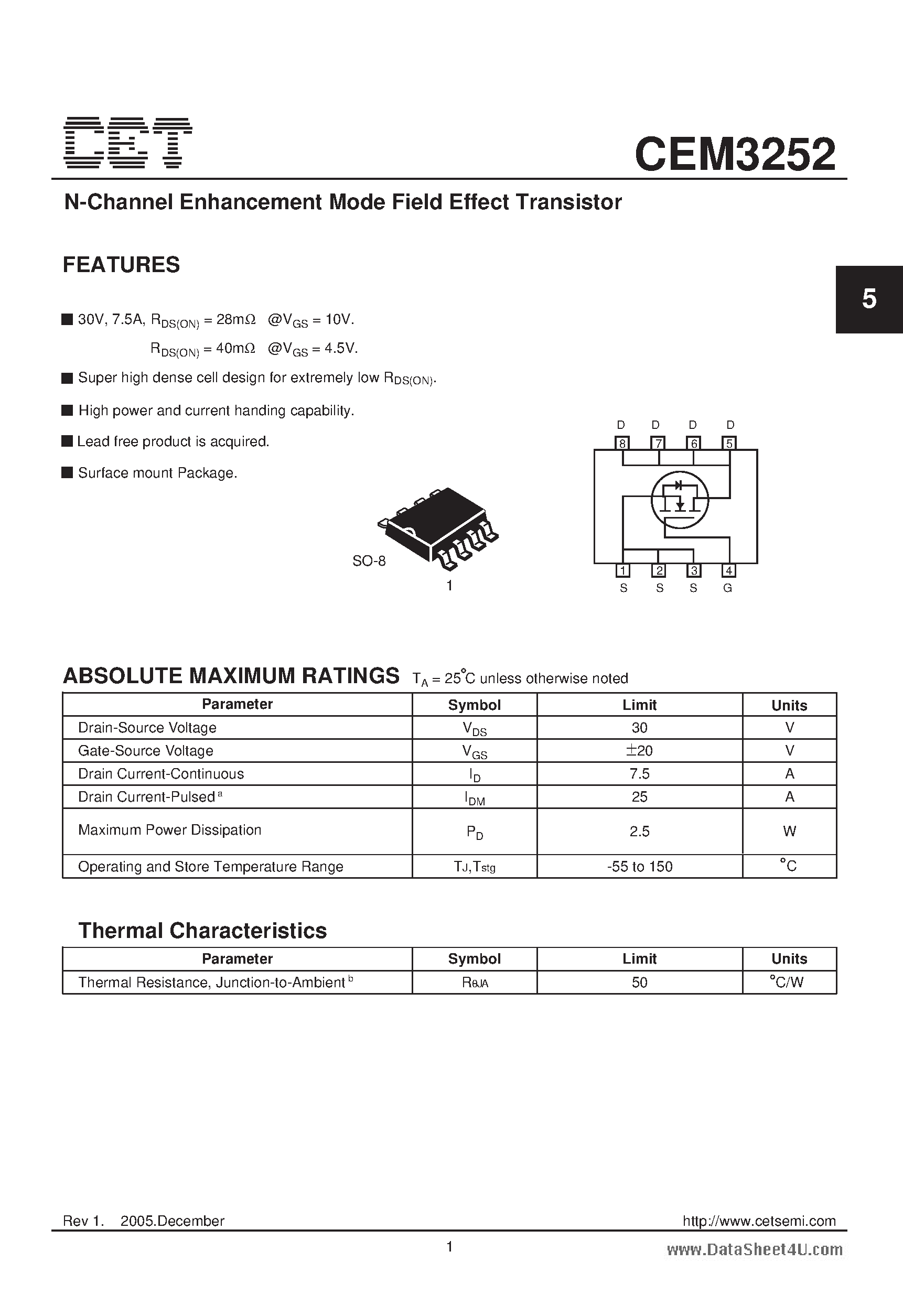 Datasheet CEM3252 - N-Channel Enhancement Mode Field Effect Transistor page 1
