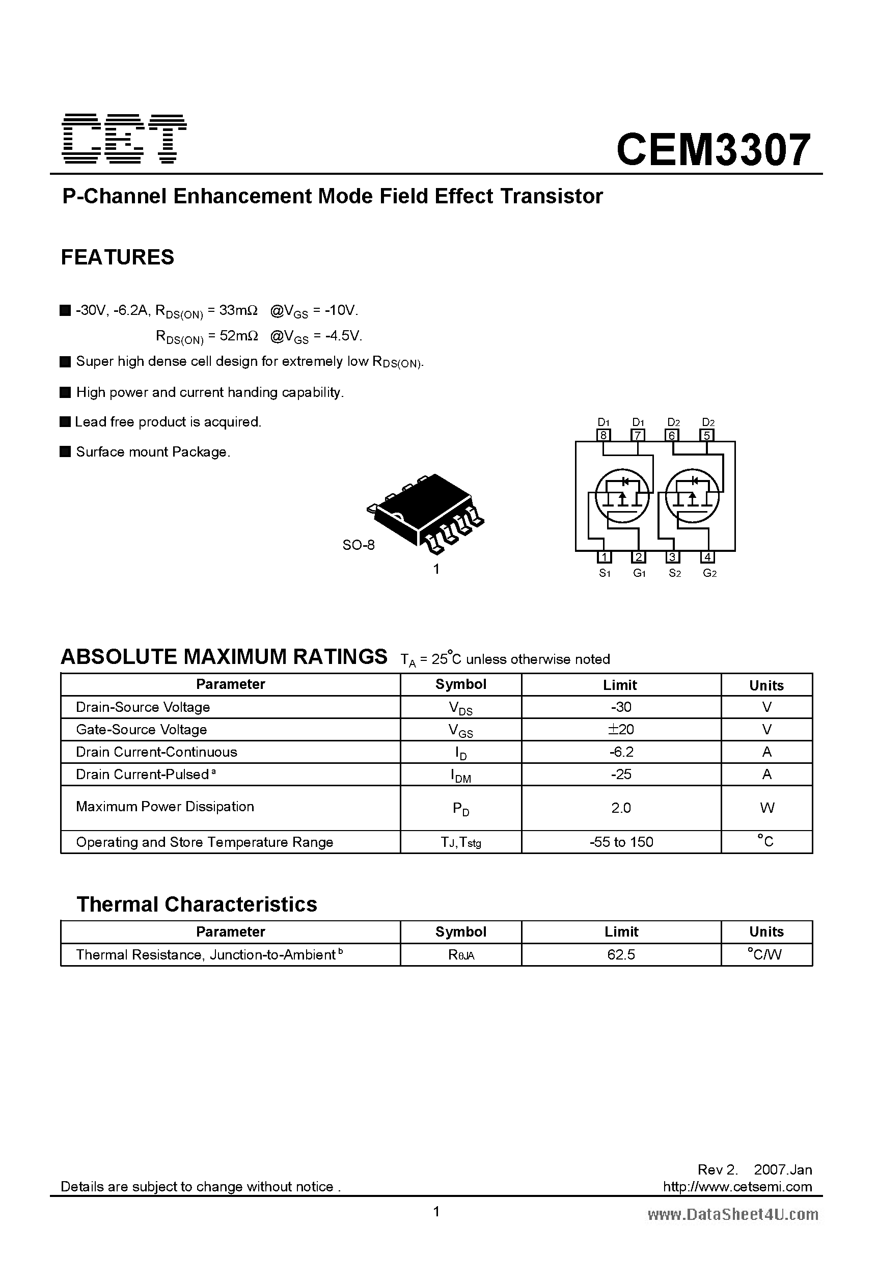 Datasheet CEM3307 - P-Channel Enhancement Mode Field Effect Transistor page 1