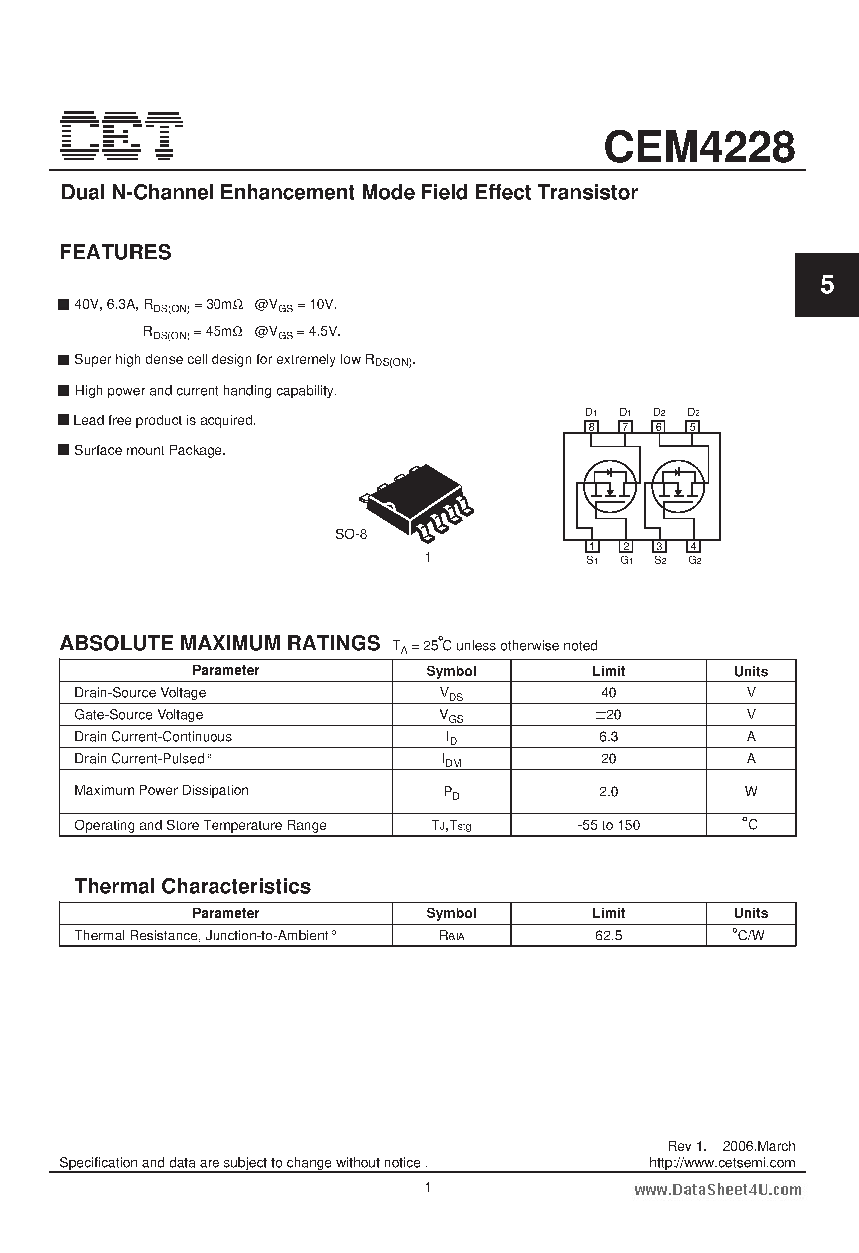 Datasheet CEM4228 - Dual N-Channel Enhancement Mode Field Effect Transistor page 1