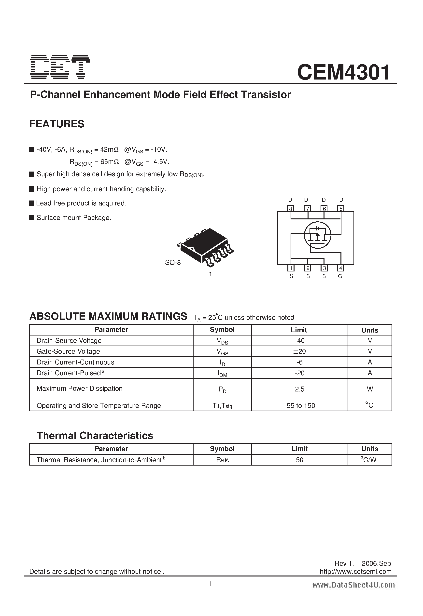 Datasheet CEM4301 - P-Channel Enhancement Mode Field Effect Transistor page 1
