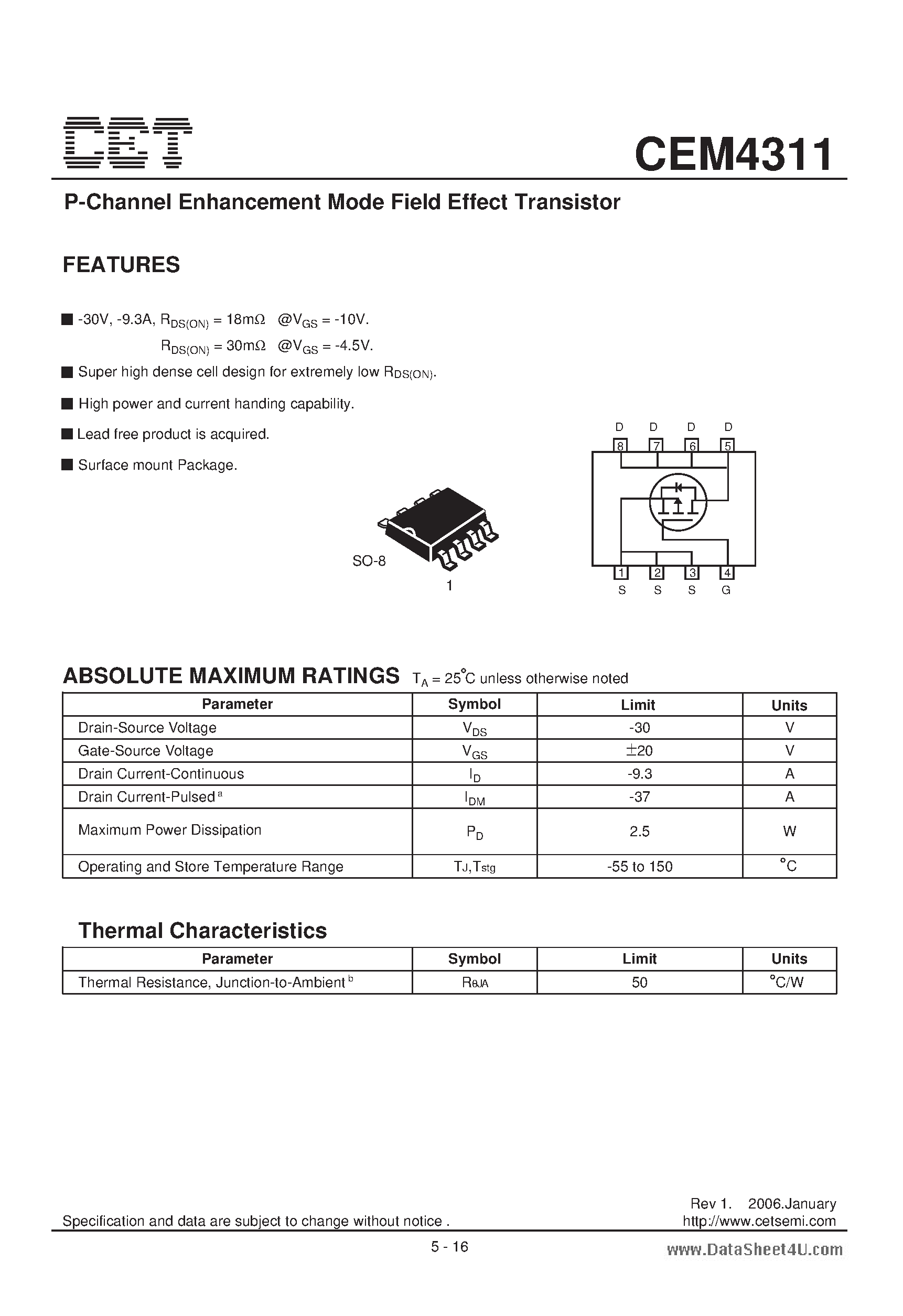 Datasheet CEM4311 - P-Channel Enhancement Mode Field Effect Transistor page 1