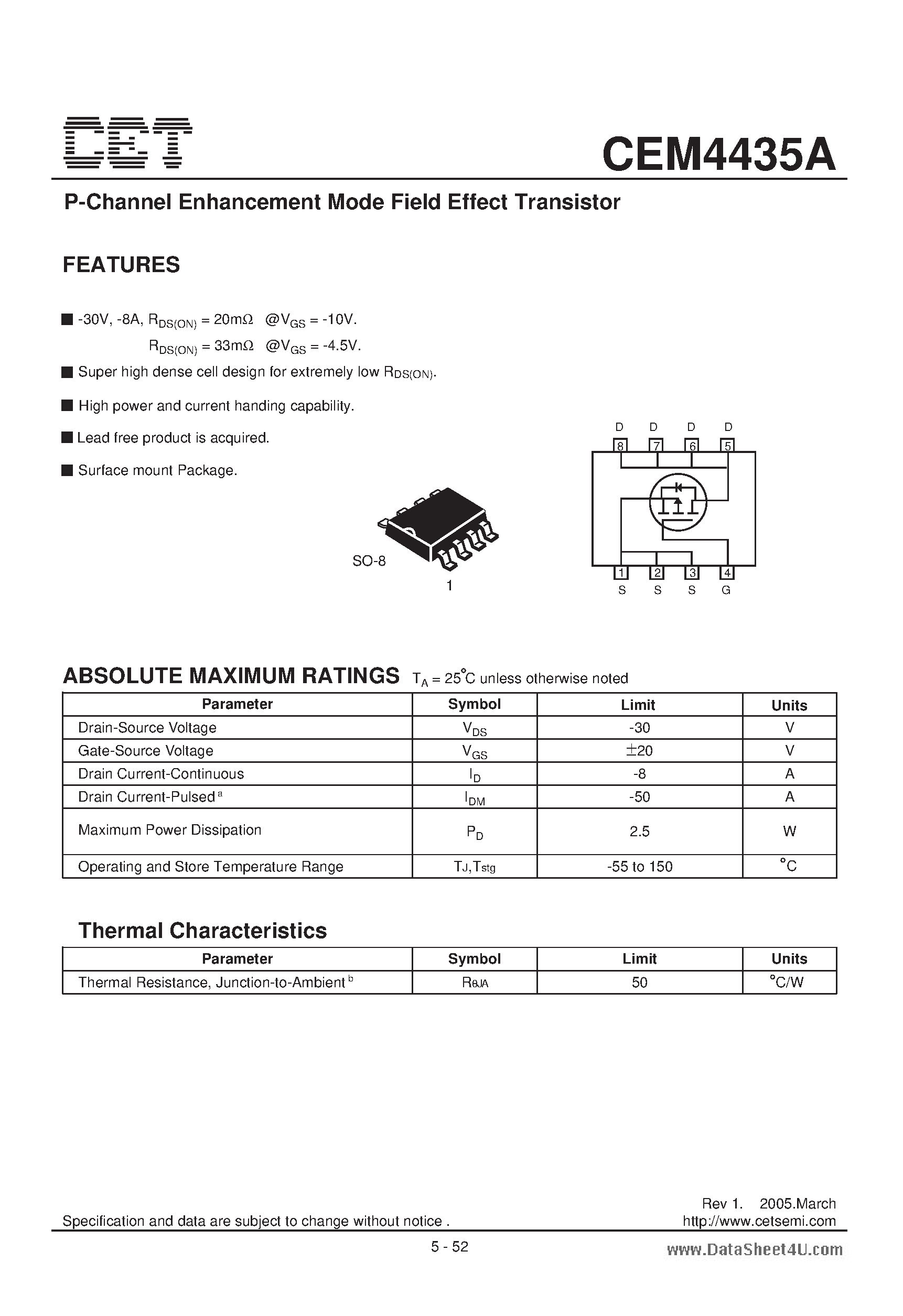 Datasheet CEM4435A - P-Channel Enhancement Mode Field Effect Transistor page 1
