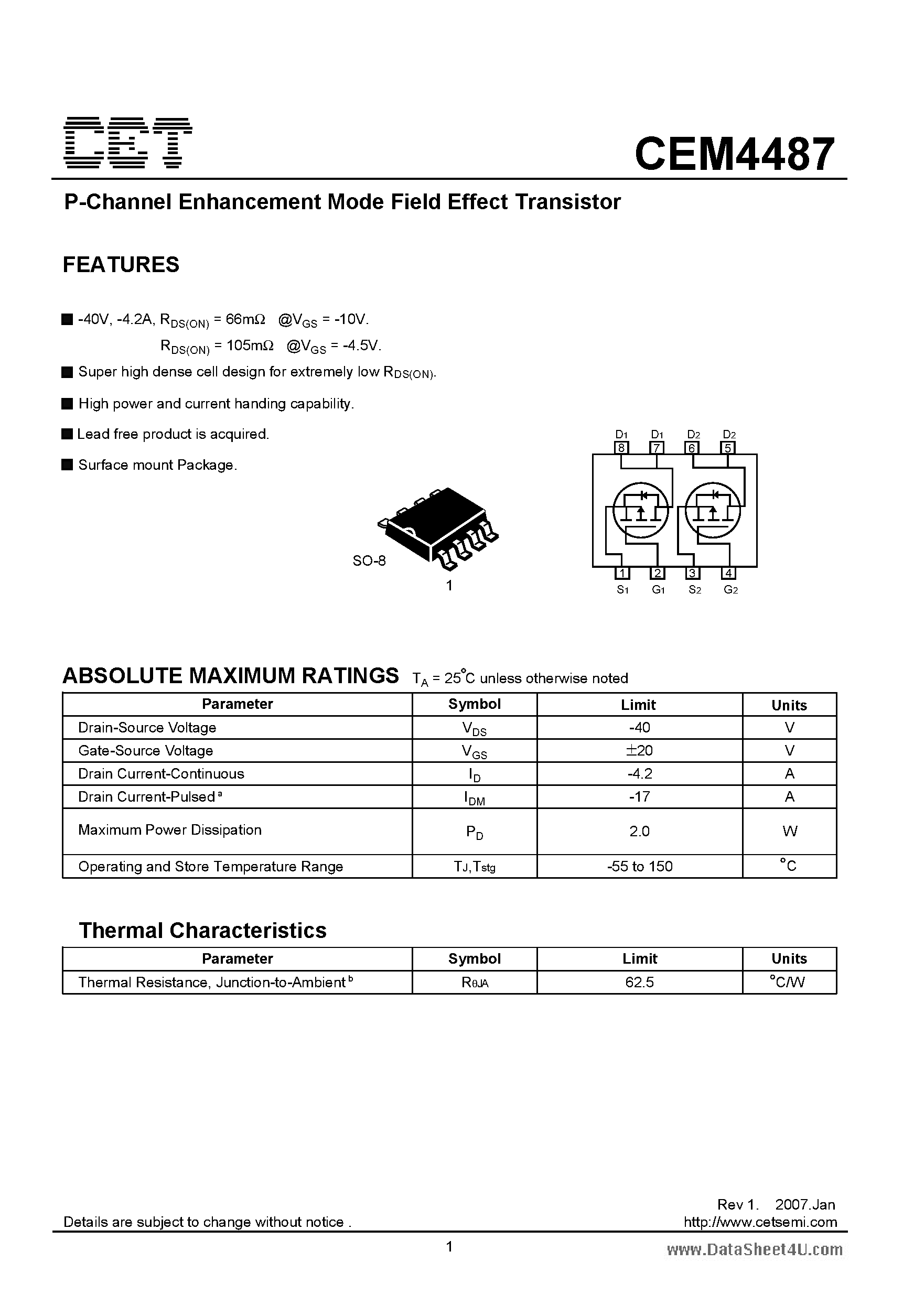 Datasheet CEM4487 - P-Channel Enhancement Mode Field Effect Transistor page 1