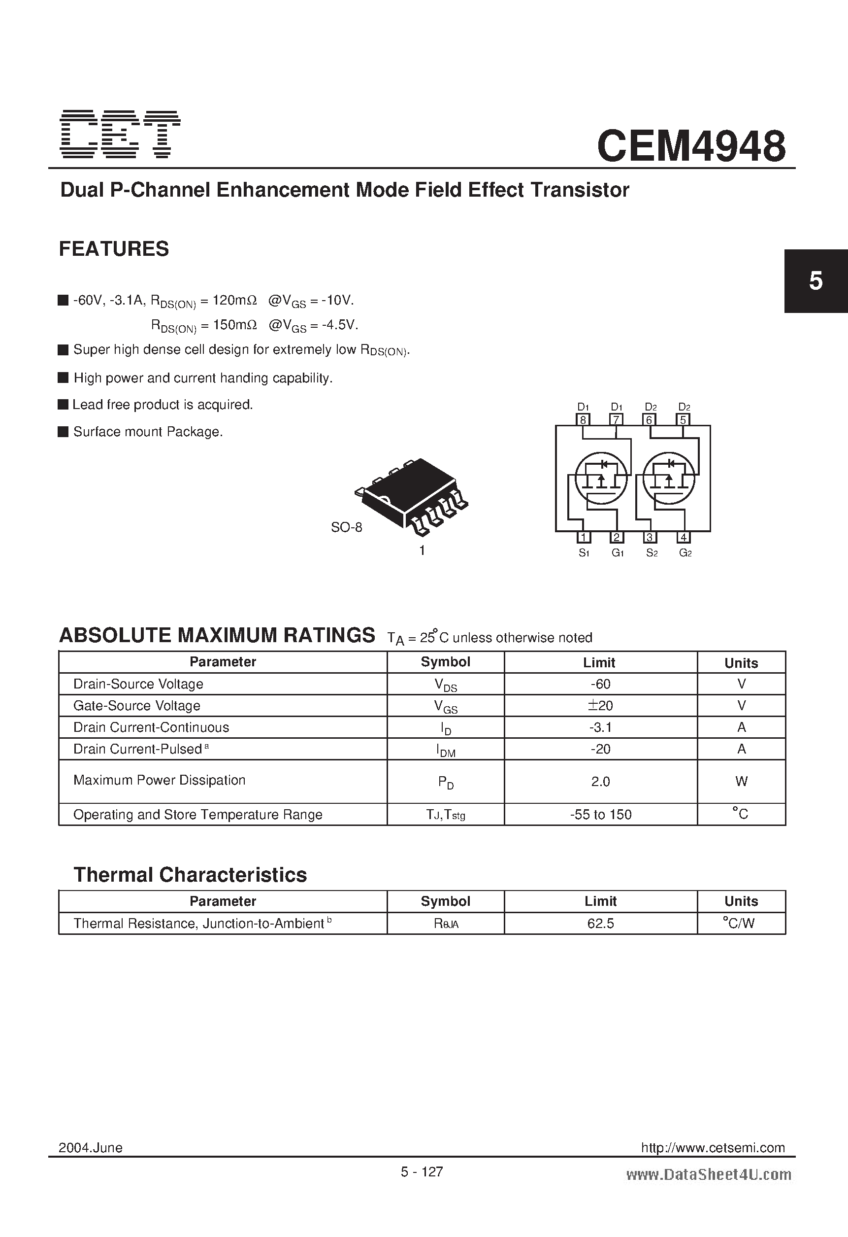 Datasheet CEM4948 - Dual P-Channel Enhancement Mode Field Effect Transistor page 1