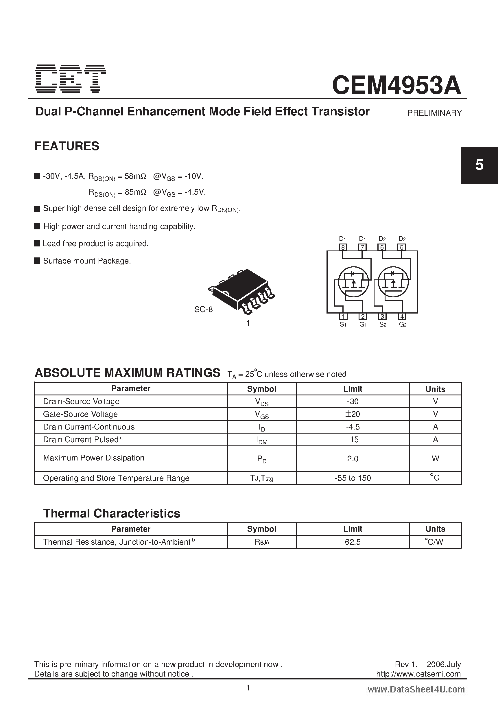 Datasheet CEM4953A - Dual P-Channel Enhancement Mode Field Effect Transistor page 1