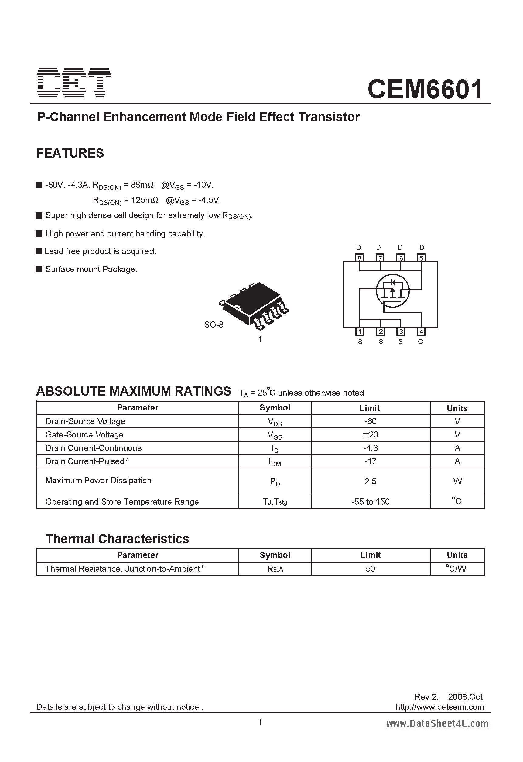 Datasheet CEM6601 - P-Channel Enhancement Mode Field Effect Transistor page 1