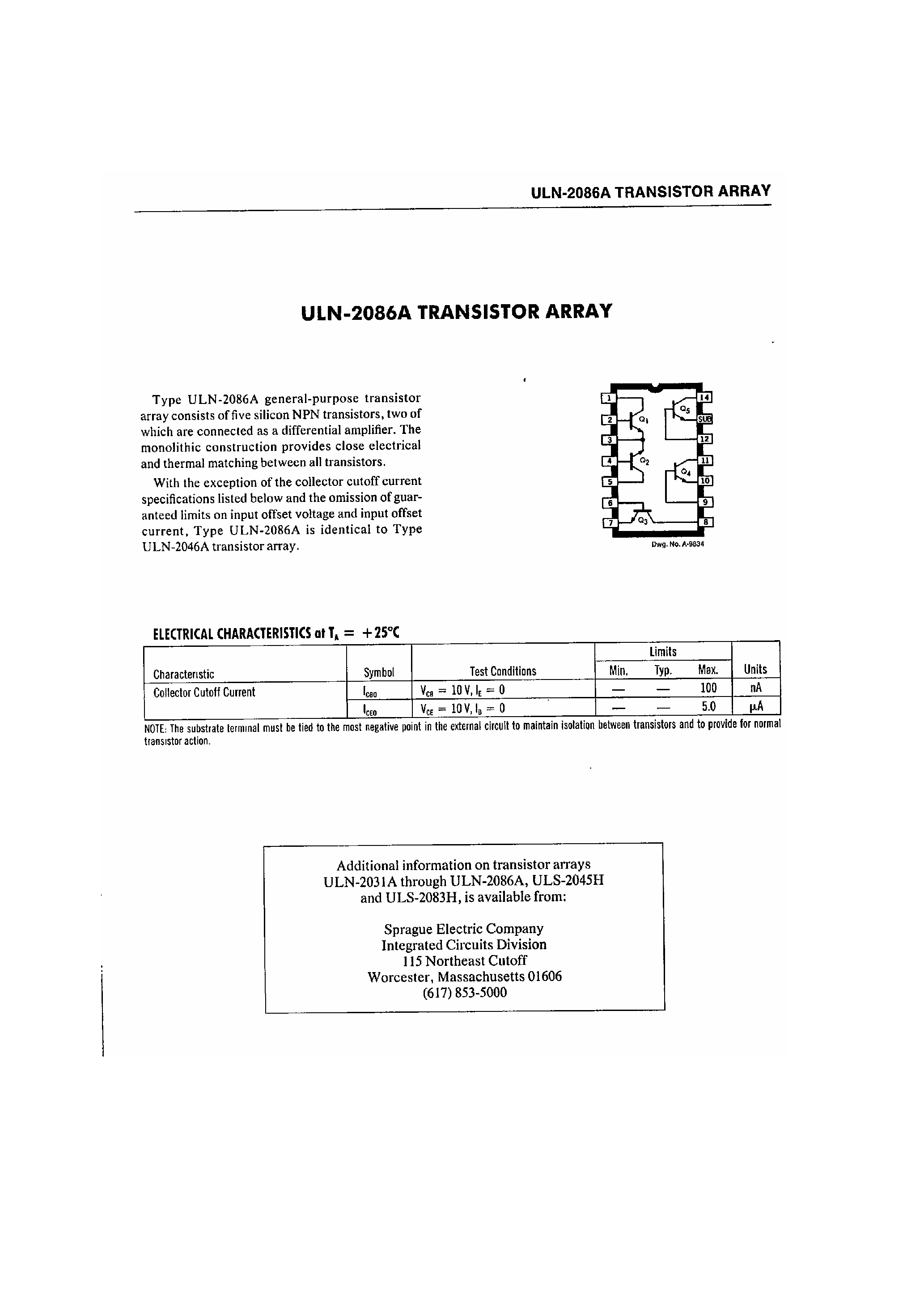 Даташит ULN-2086A - Transistor Array страница 1