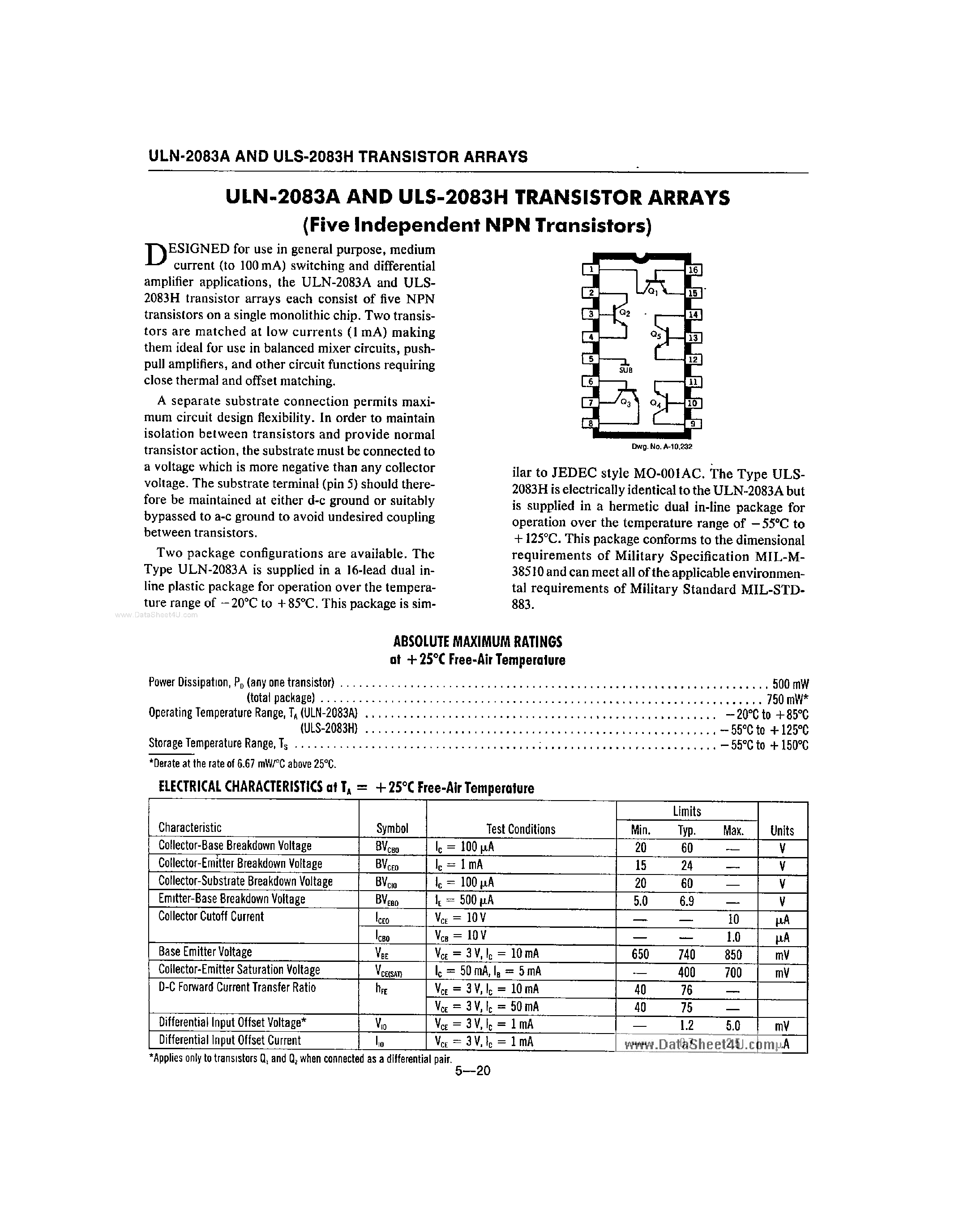 Datasheet ULN-2083A page 1 Datasheet ULN-2083A - Transistor Arrays page 1