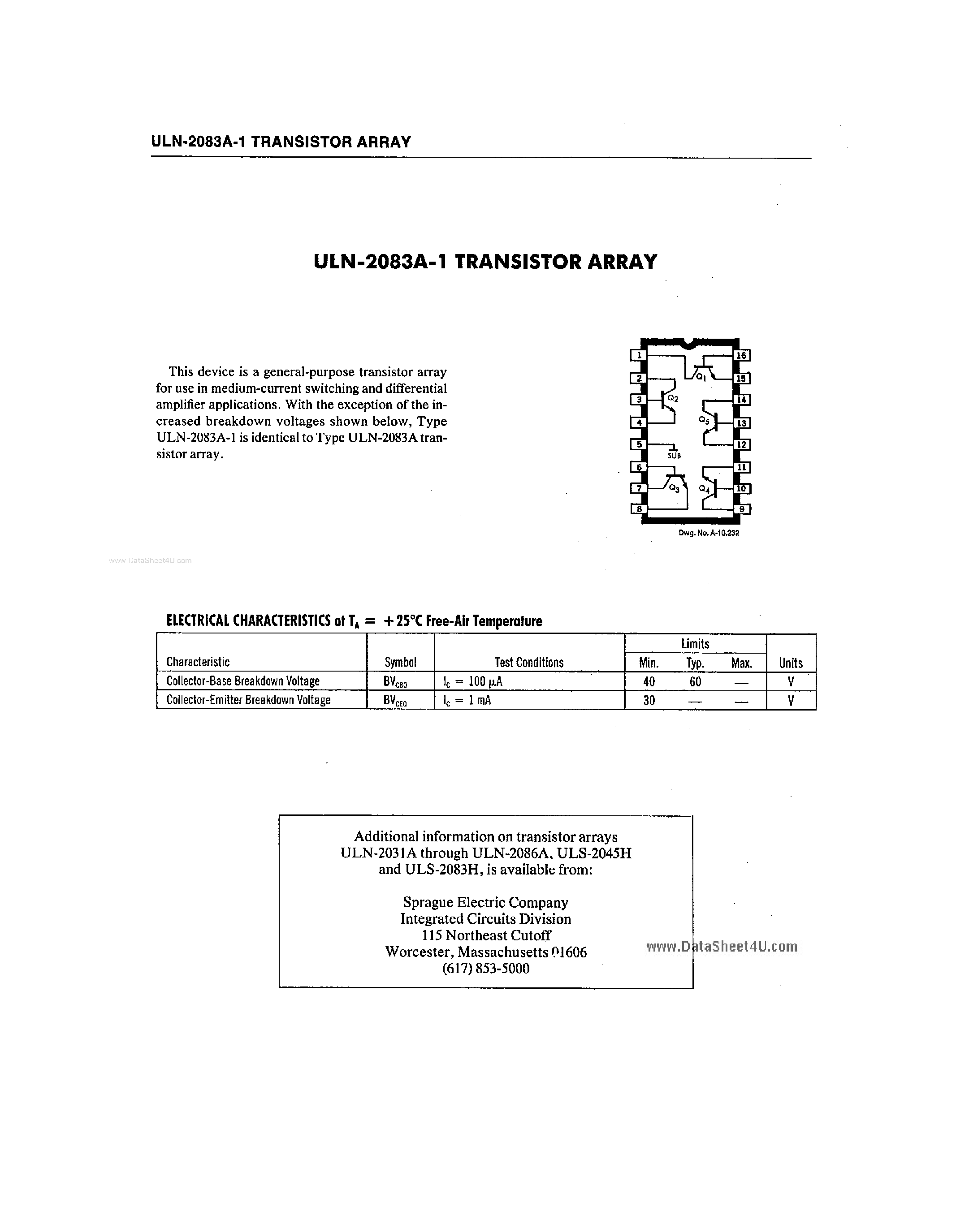 Datasheet ULN-2083A-1 page 1 Datasheet ULN-2083A-1 - Transistor Arrays page 1
