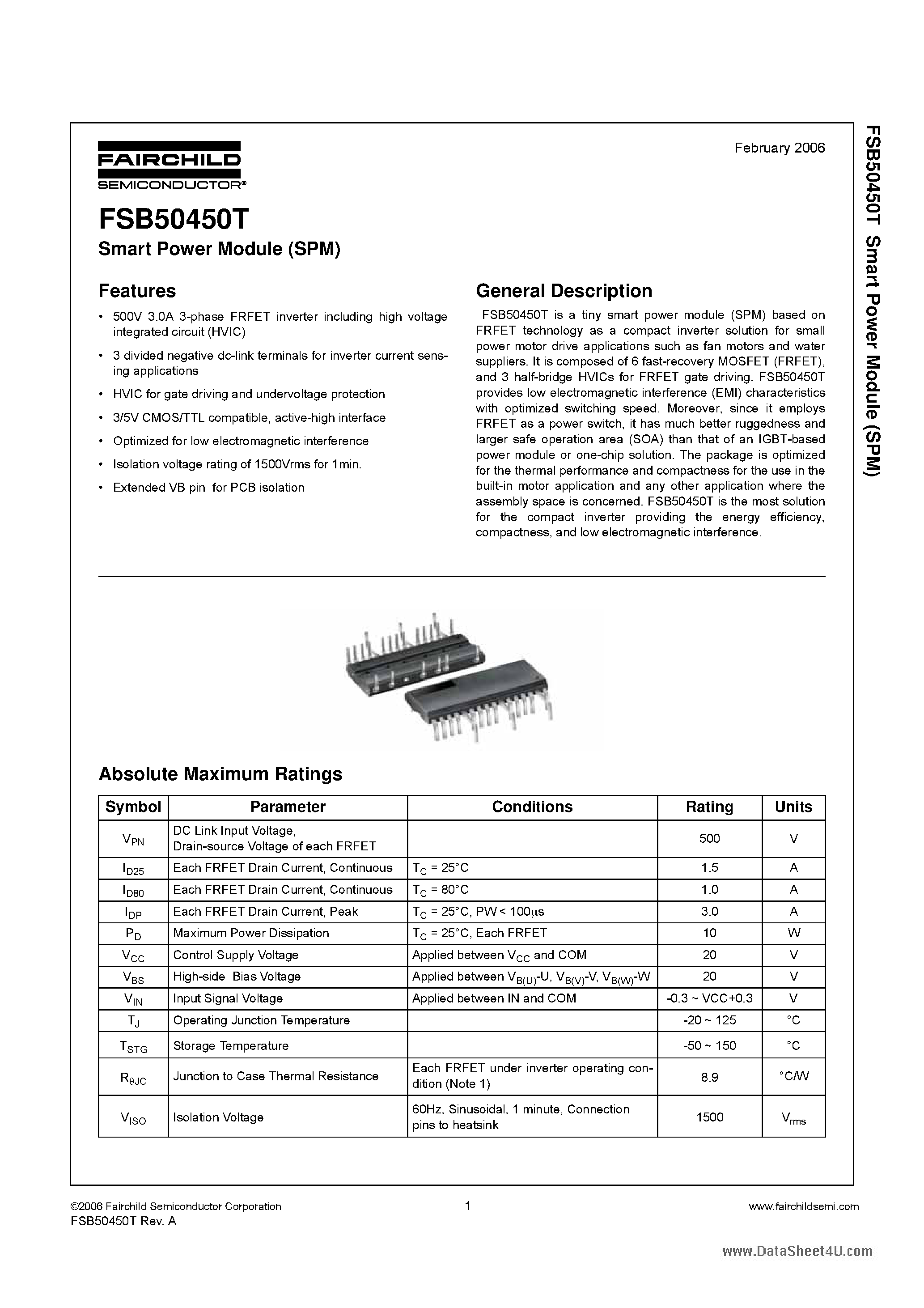 Даташит FSB50450T - Smart Power Module страница 1