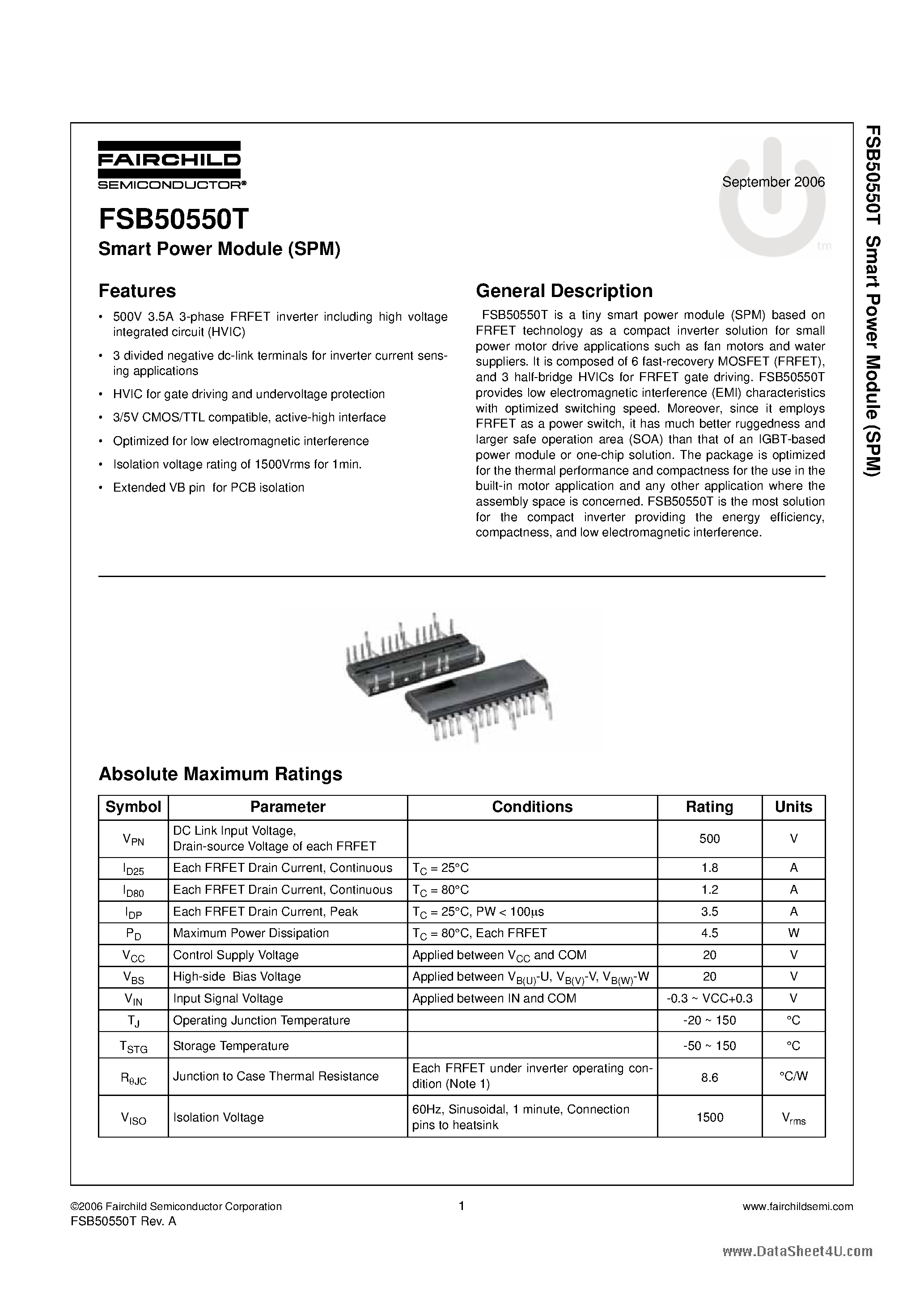 Даташит FSB50550T - Smart Power Module страница 1