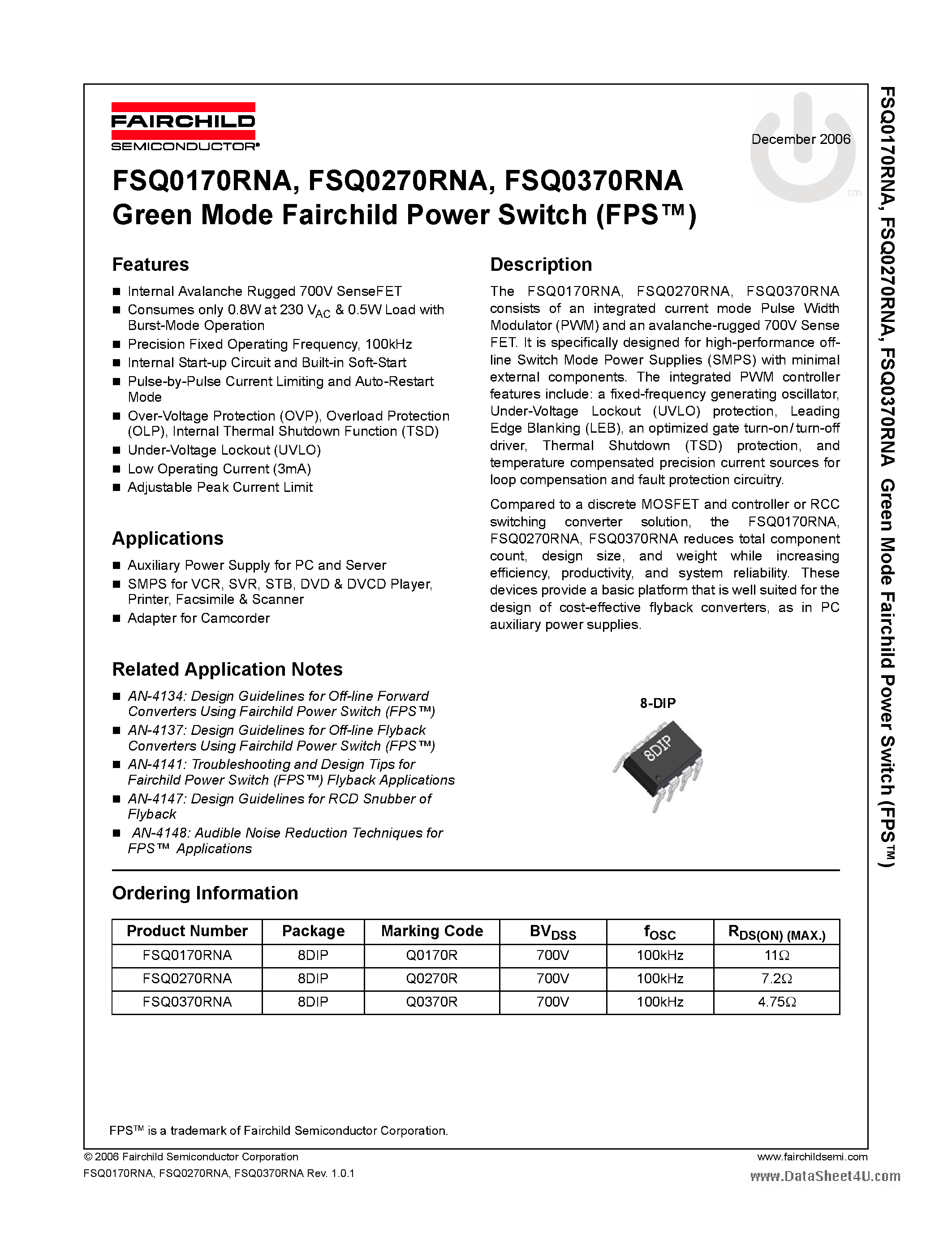 Даташит на микросхему FSQ0170RNA страница 1 Даташит FSQ0170RNA - (FSQ0x70RNA) Green Mode Fairchild Power Switch страница 1