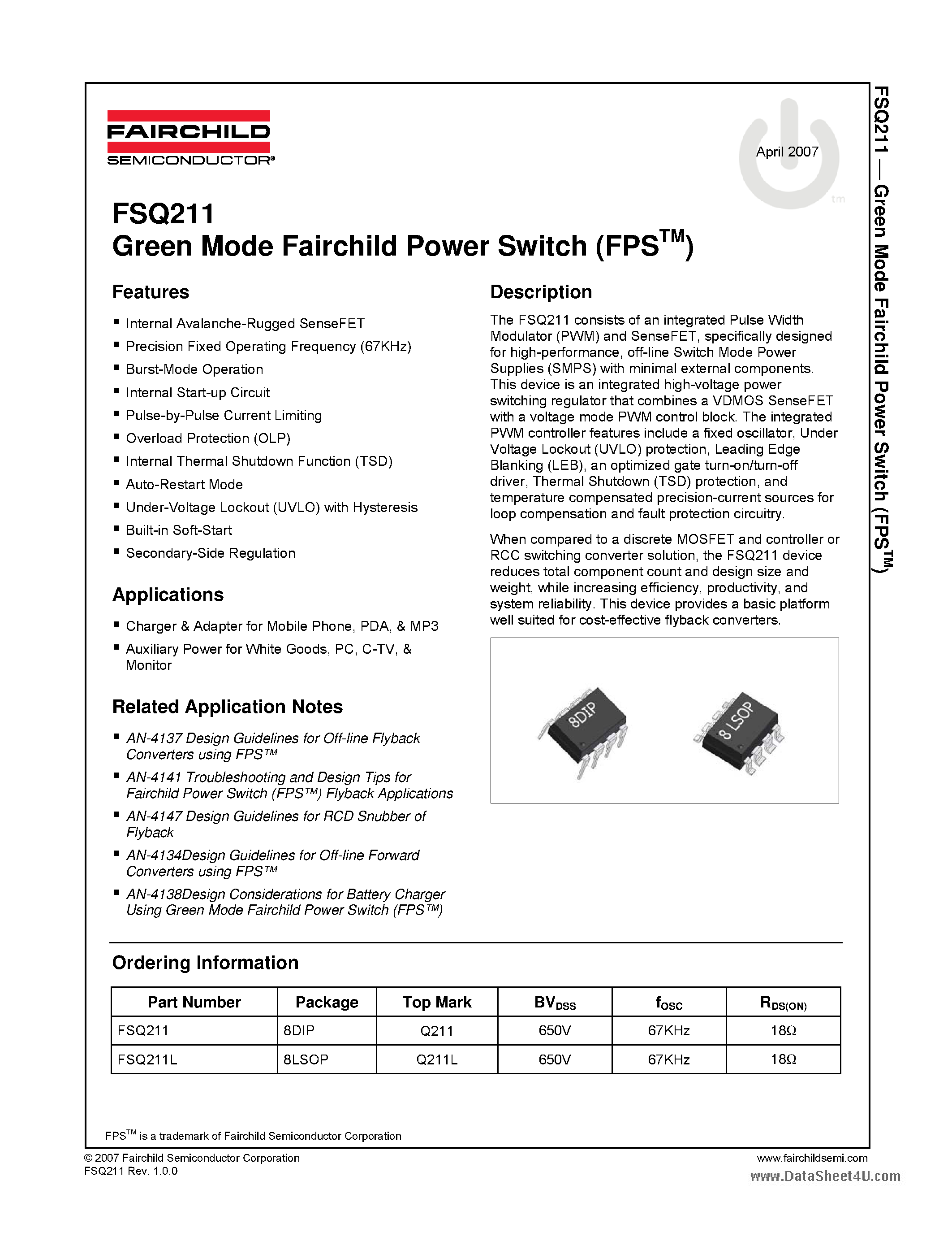 Даташит на микросхему FSQ211 страница 1 Даташит FSQ211 - Green Mode Fairchild Power Switch страница 1
