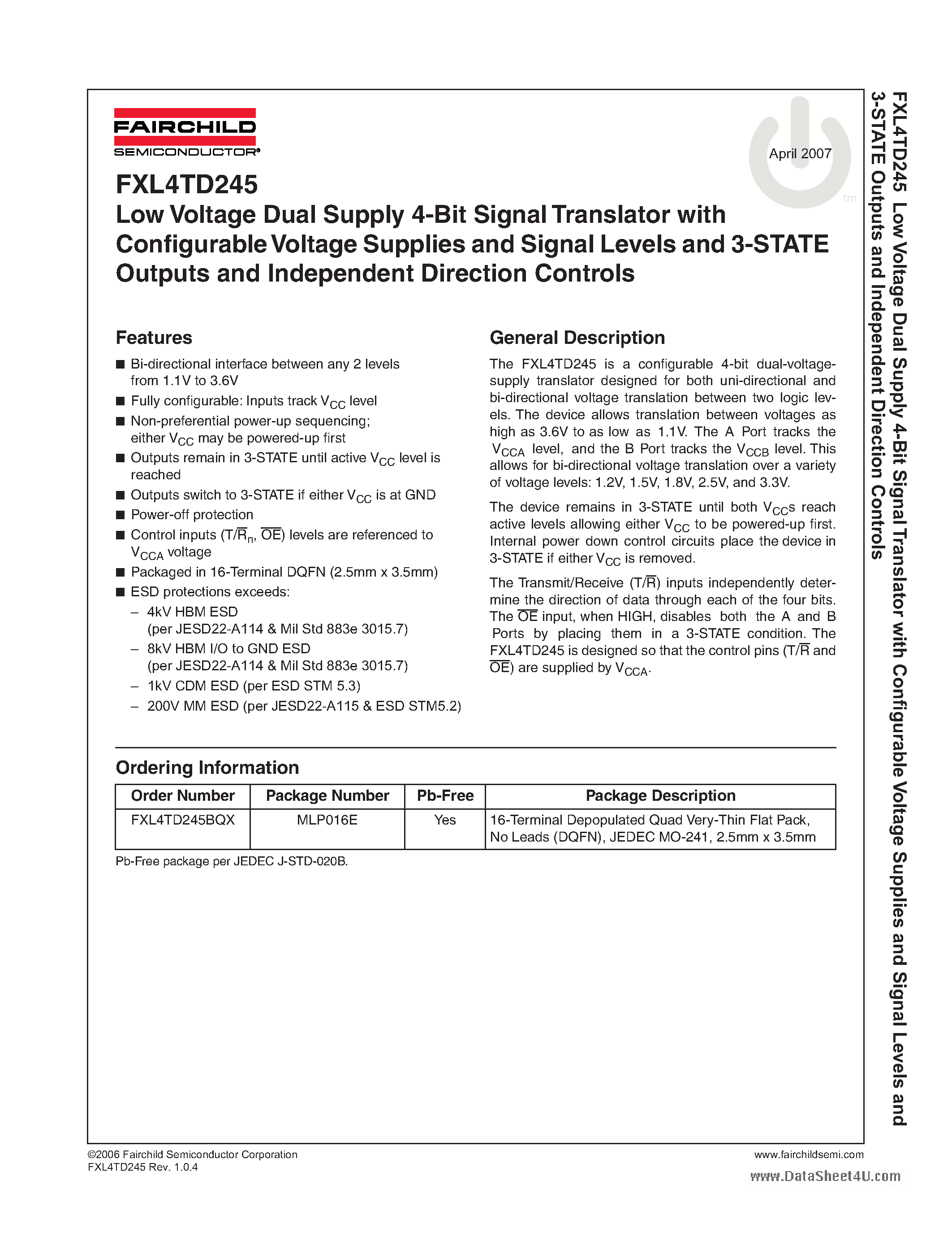 Даташит FXL4TD245 - Low Voltage Dual Supply 4-Bit Signal Translator страница 1