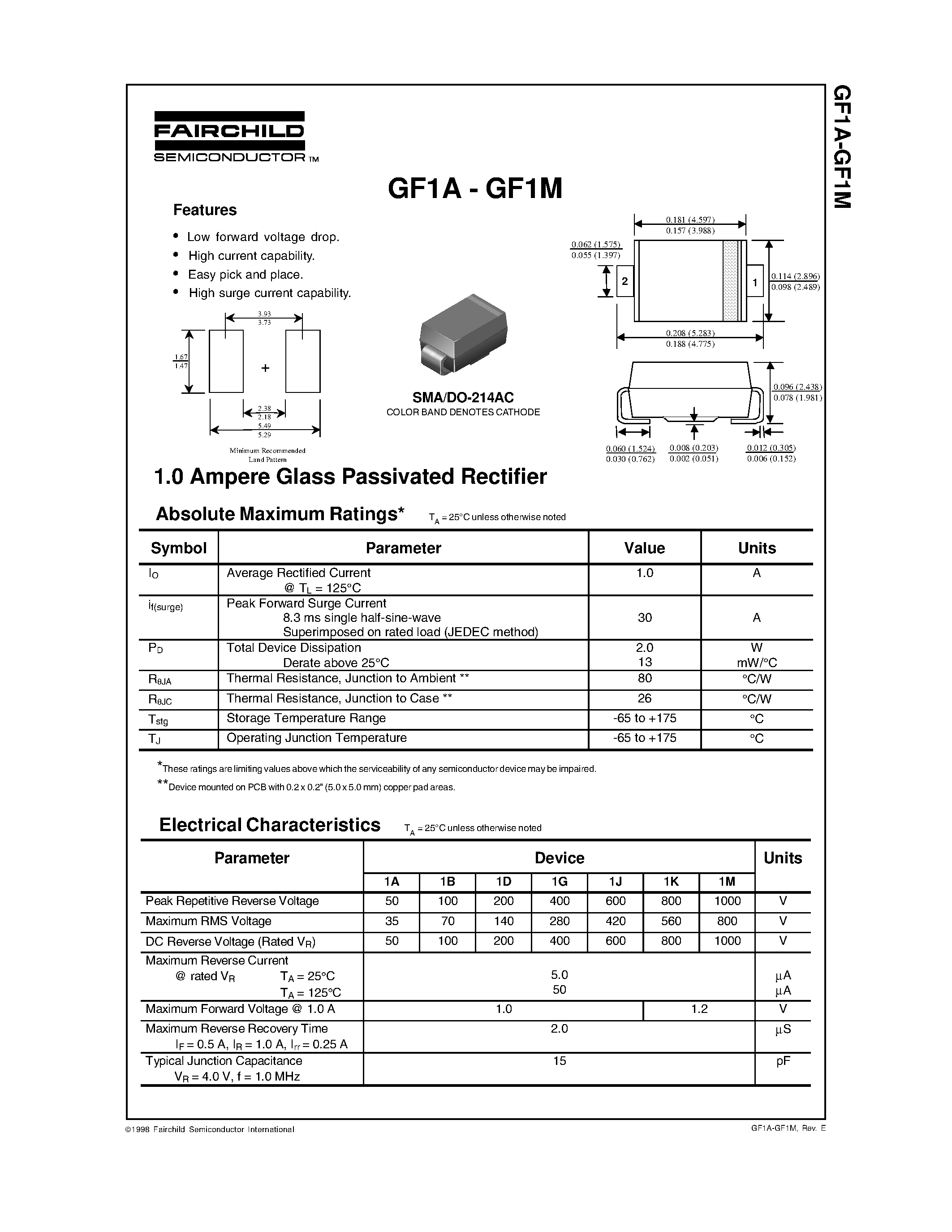 Datasheet GF1A- page 1 Datasheet GF1A- - 1.0 Ampere Glass Passivated Rectifier page 1