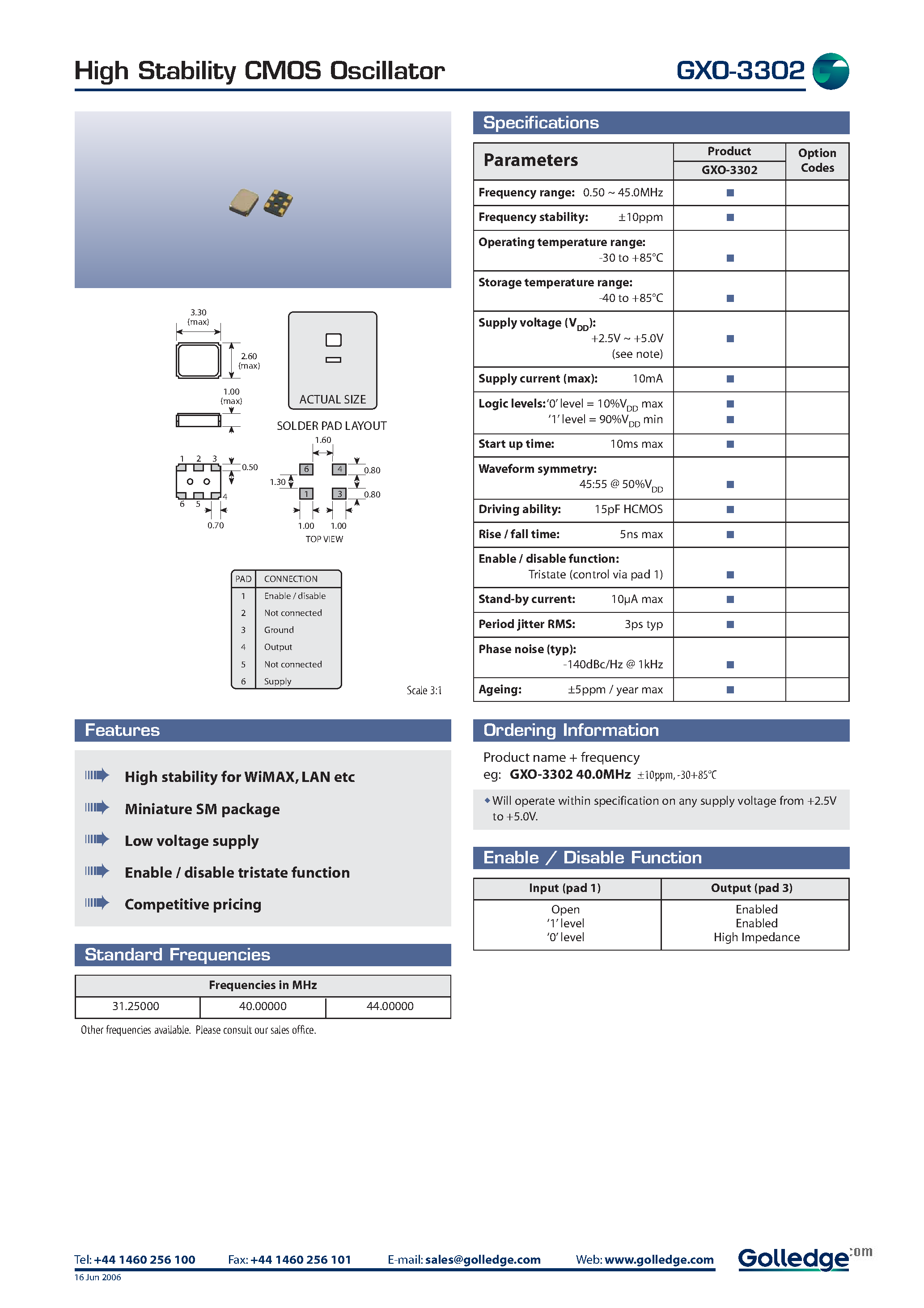 Datasheet GXO-3202 page 1 Datasheet GXO-3202 - HIGH STABILITY CMOS OSCILLATOR page 1