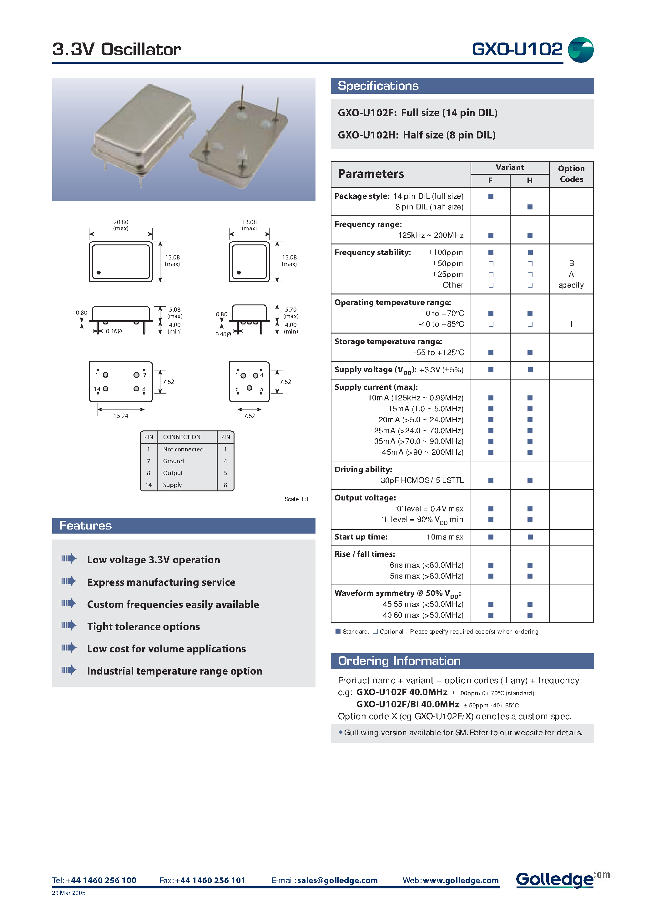Даташит GXO-U102 - 3.3V Oscillator страница 1