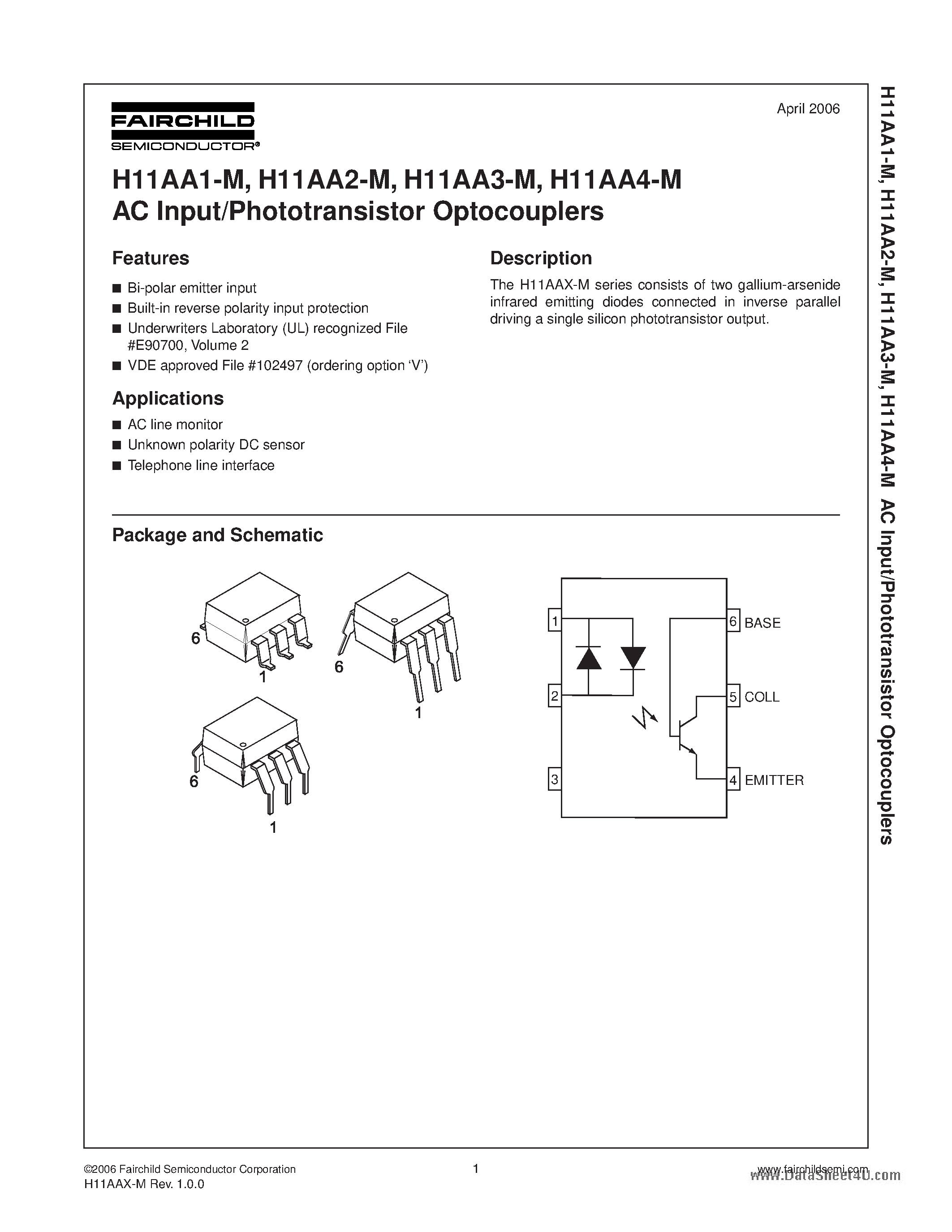 Даташит H11AA1-M - (H11AAx-M) AC Input/Phototransistor Optocouplers страница 1