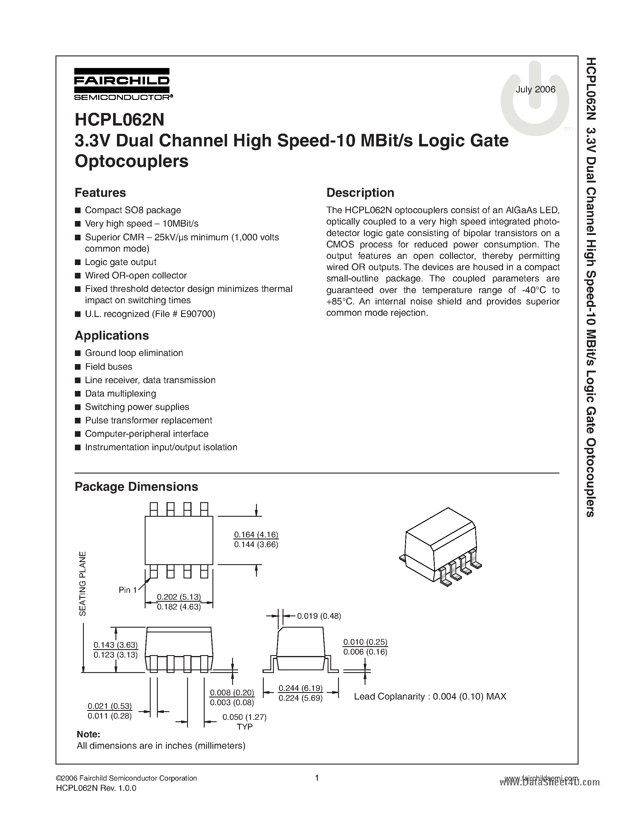 Даташит HCPL062N - Dual Channel High Speed-10 MBit/s Logic Gate Optocouplers страница 1