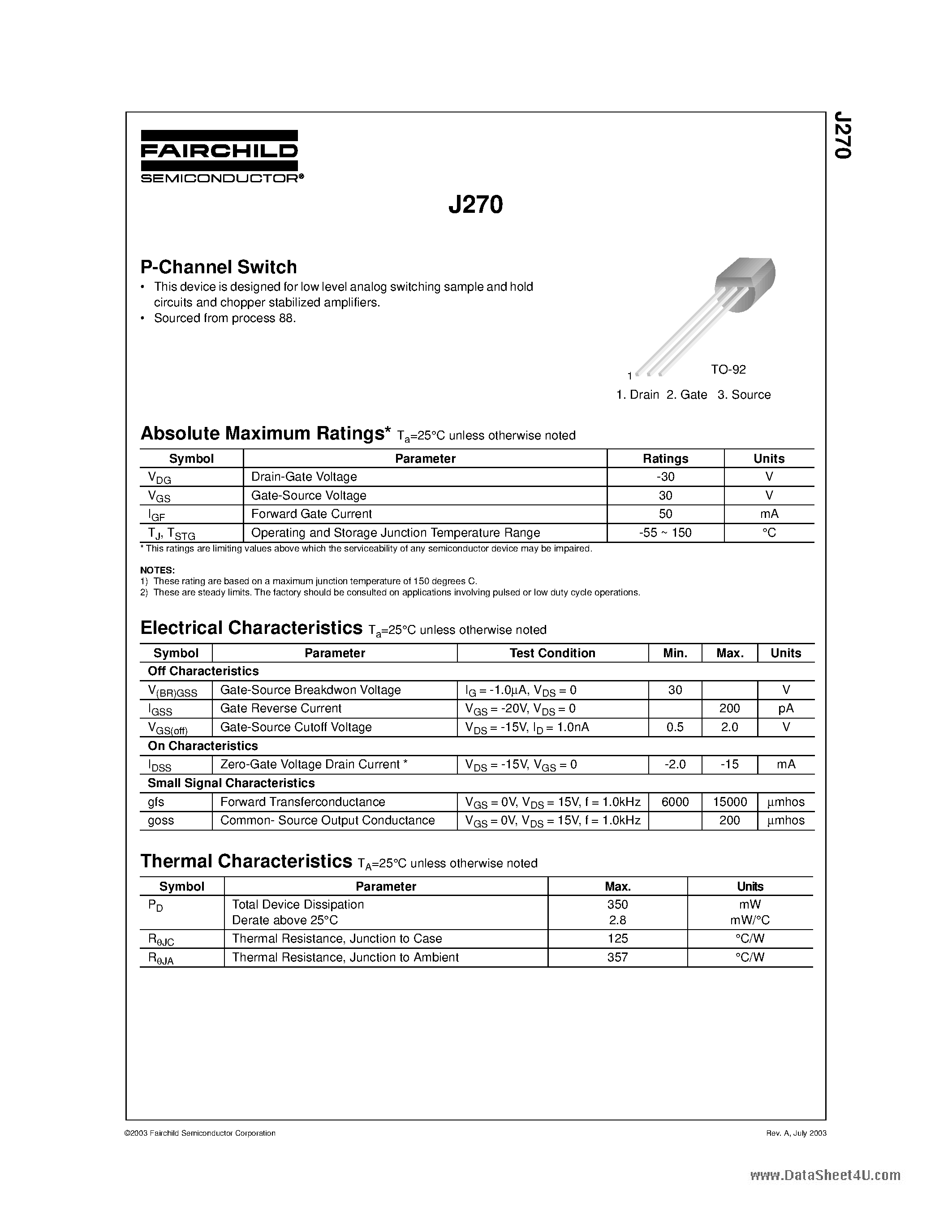 Datasheet J270 - P-Channel Switch page 1