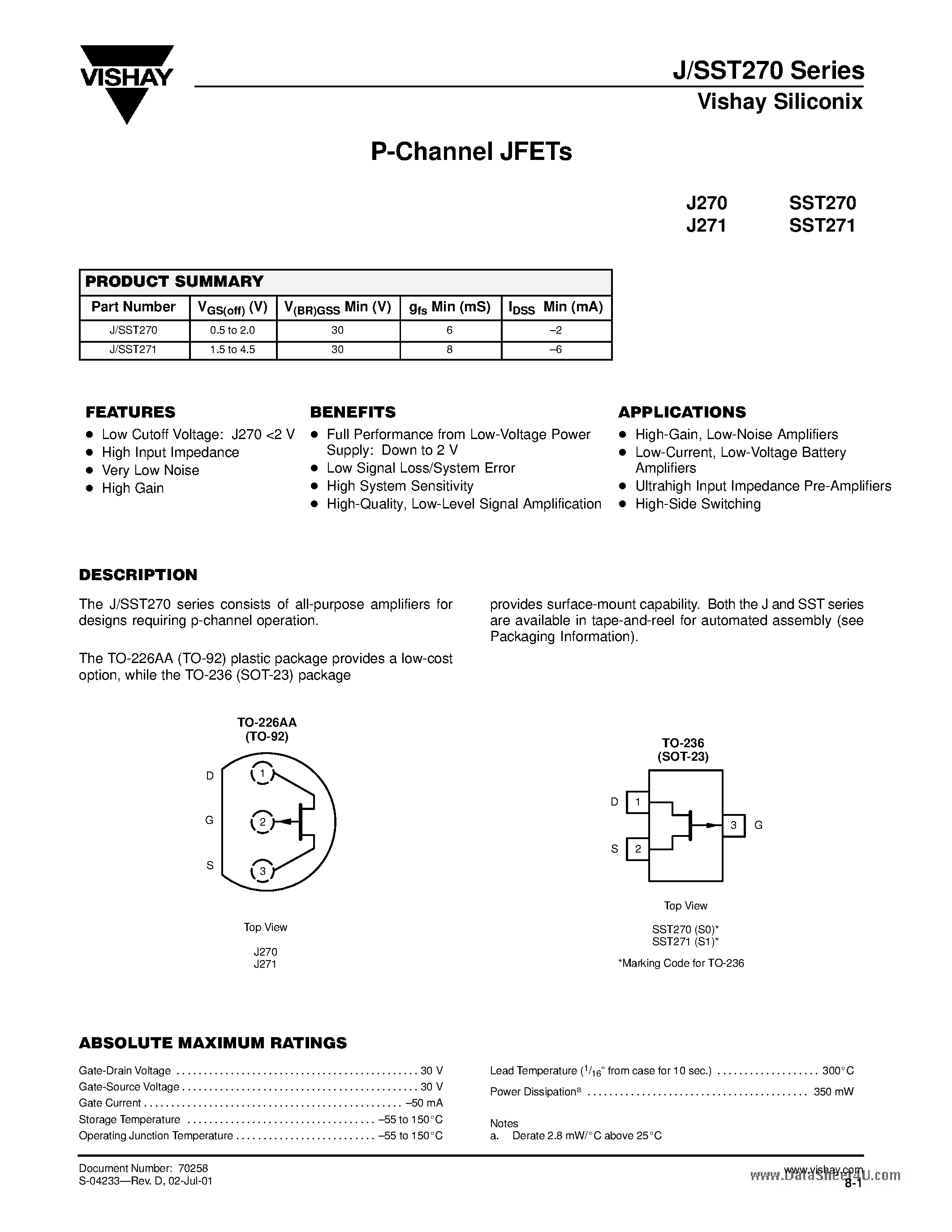 Datasheet J270 - (J270 / J271) P-Channel JFETs page 1