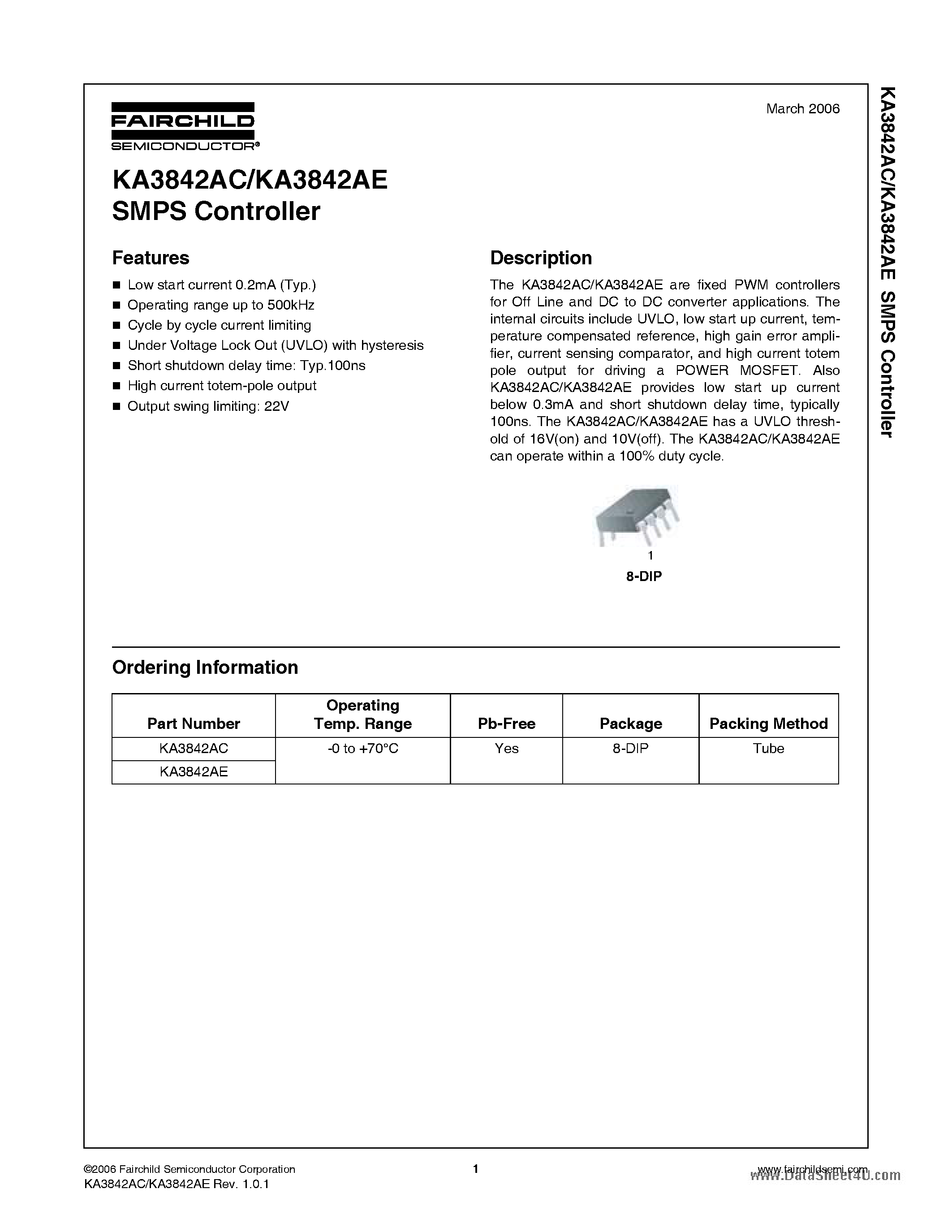 Datasheet KA3842AC page 1 Datasheet KA3842AC - SMPS Controller page 1