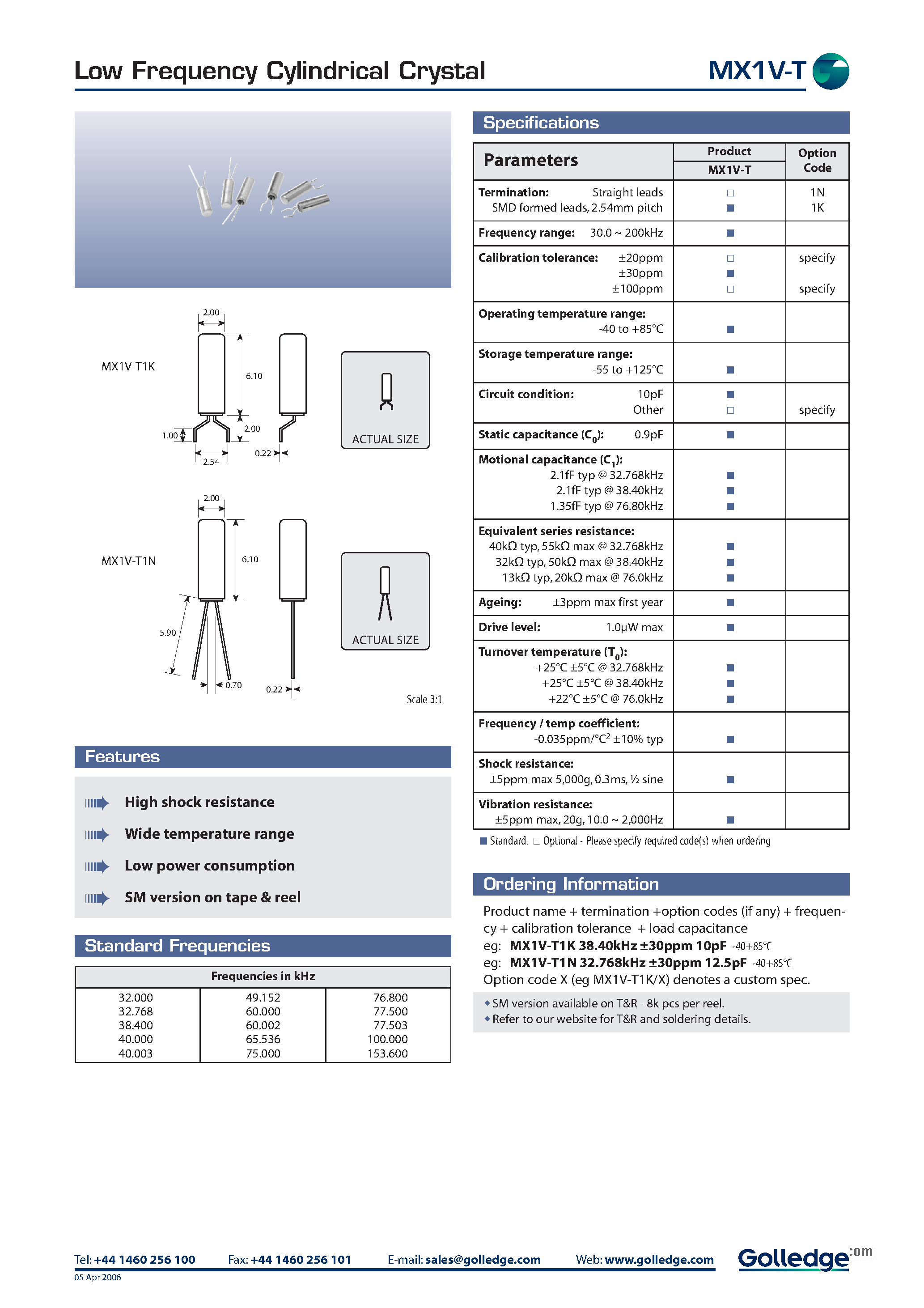 Datasheet MX1V-T - Low Frequency Cylindrical Crystal page 1
