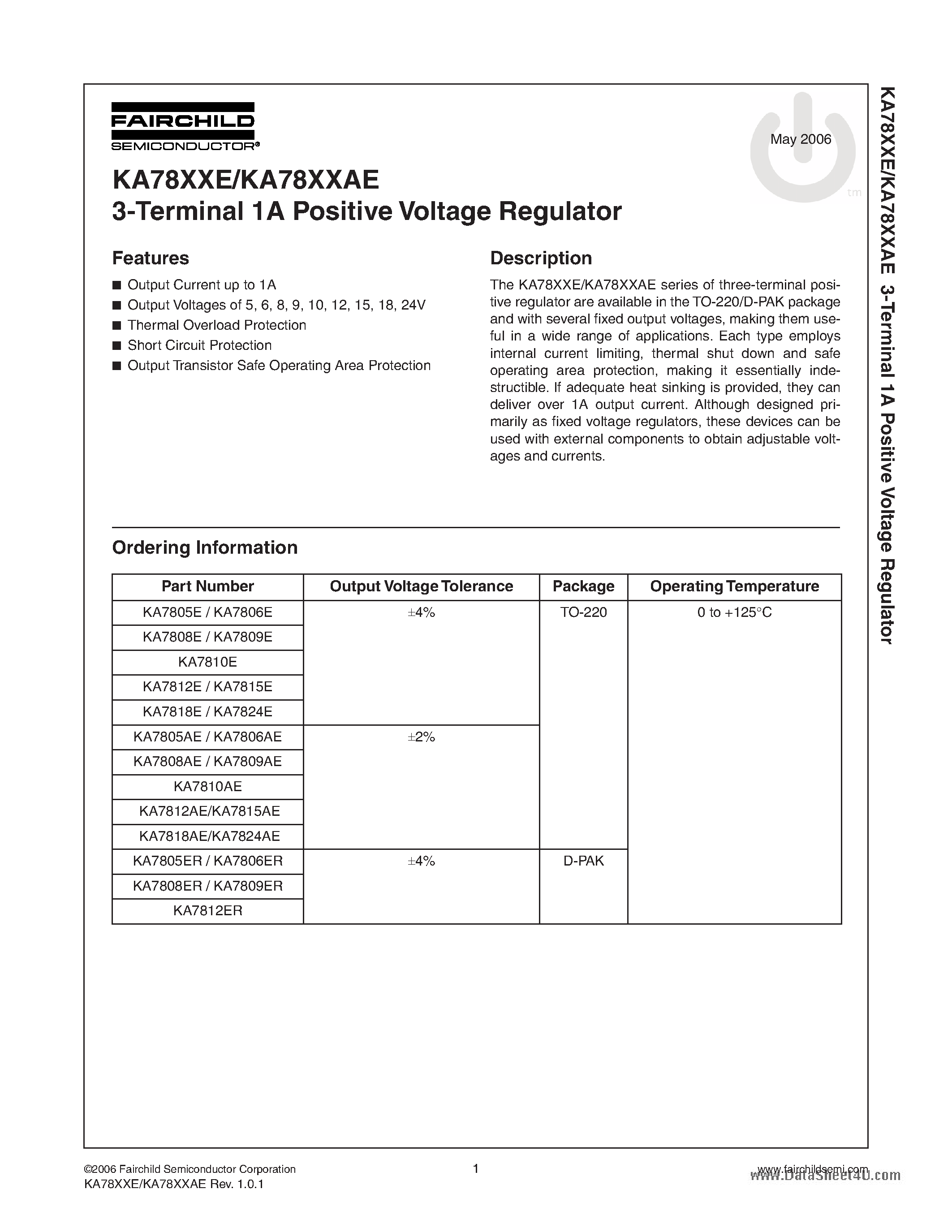 Даташит на микросхему KA7805AE страница 1 Даташит KA7805AE - 3-Terminal 1A Positive Voltage Regulator страница 1