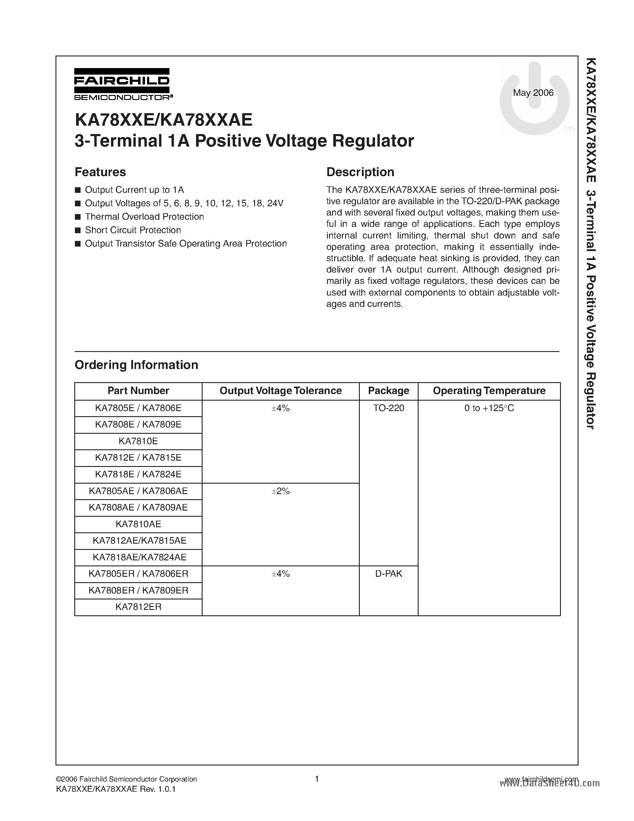 Даташит KA7805AE - 3-Terminal 1A Positive Voltage Regulator страница 1