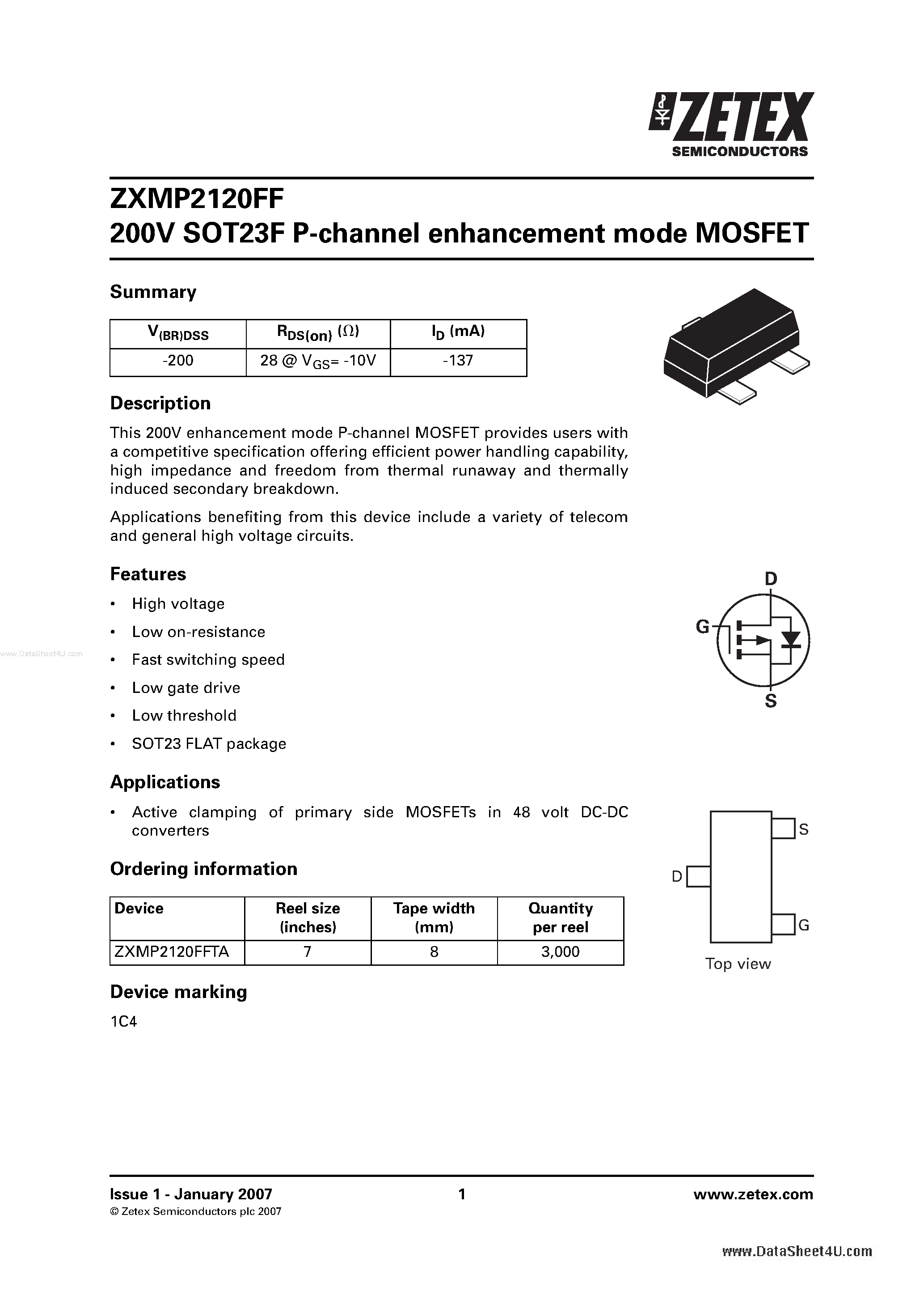 Даташит на микросхему ZXMP2120FF страница 1 Даташит ZXMP2120FF - 200V SOT23 P-channel enhancement mode MOSFET страница 1