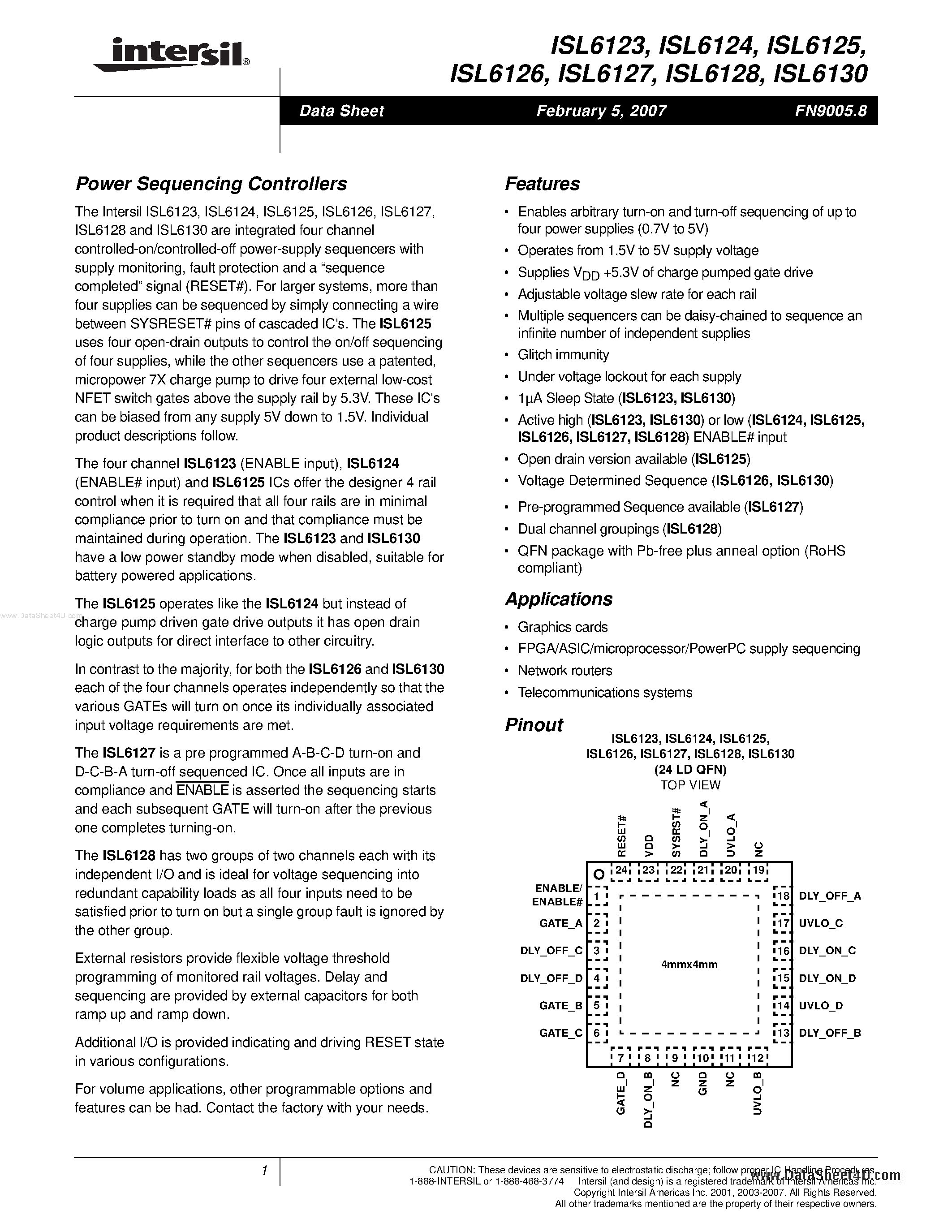 Даташит ISL6123 - (ISL6123 - ISL6130) Power Sequencing Controllers страница 1