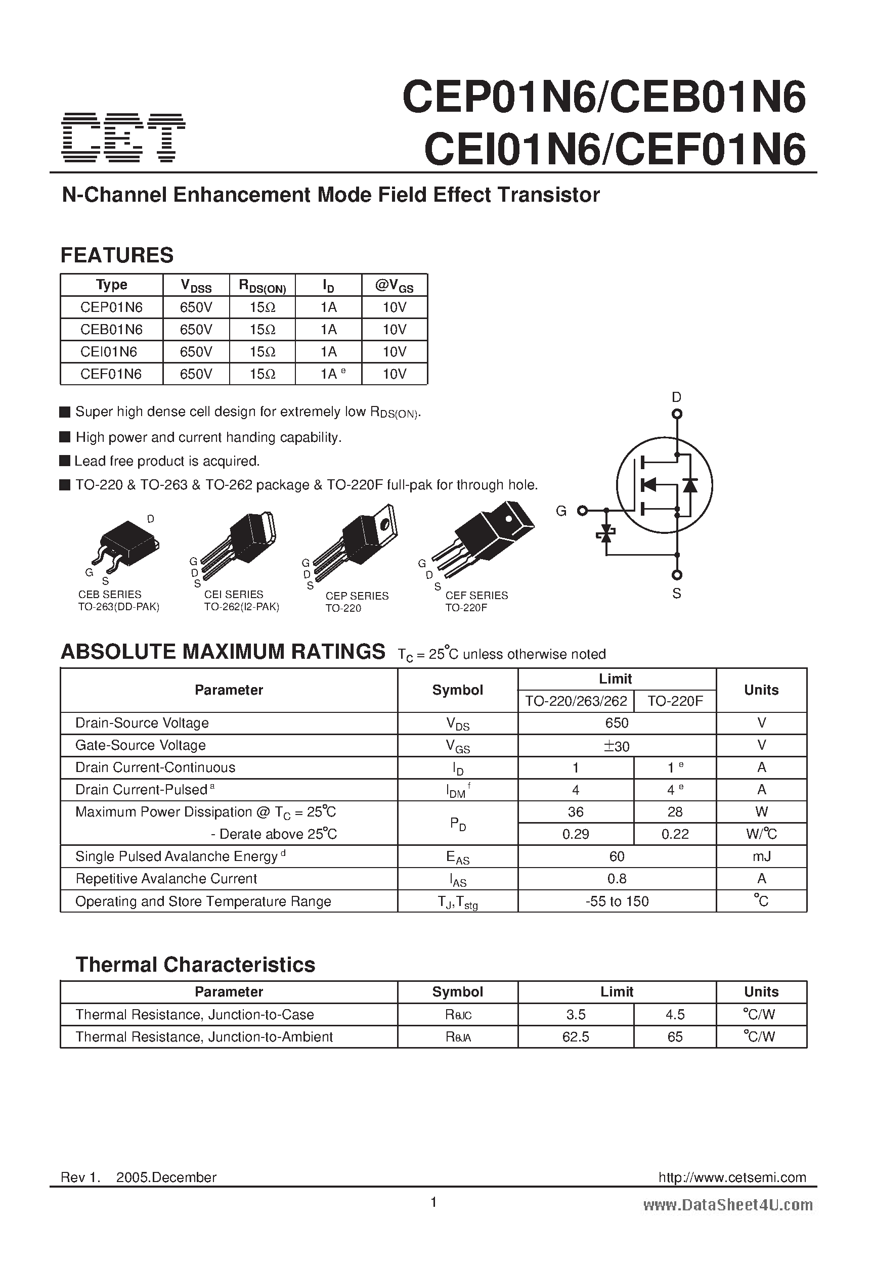Datasheet CEB01N6 - N-Channel Enhancement Mode Field Effect Transistor page 1