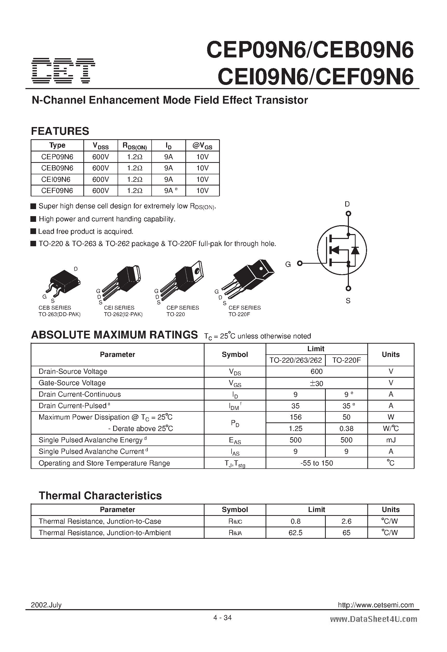 Datasheet CEB09N6 - N-Channel Enhancement Mode Field Effect Transistor page 1