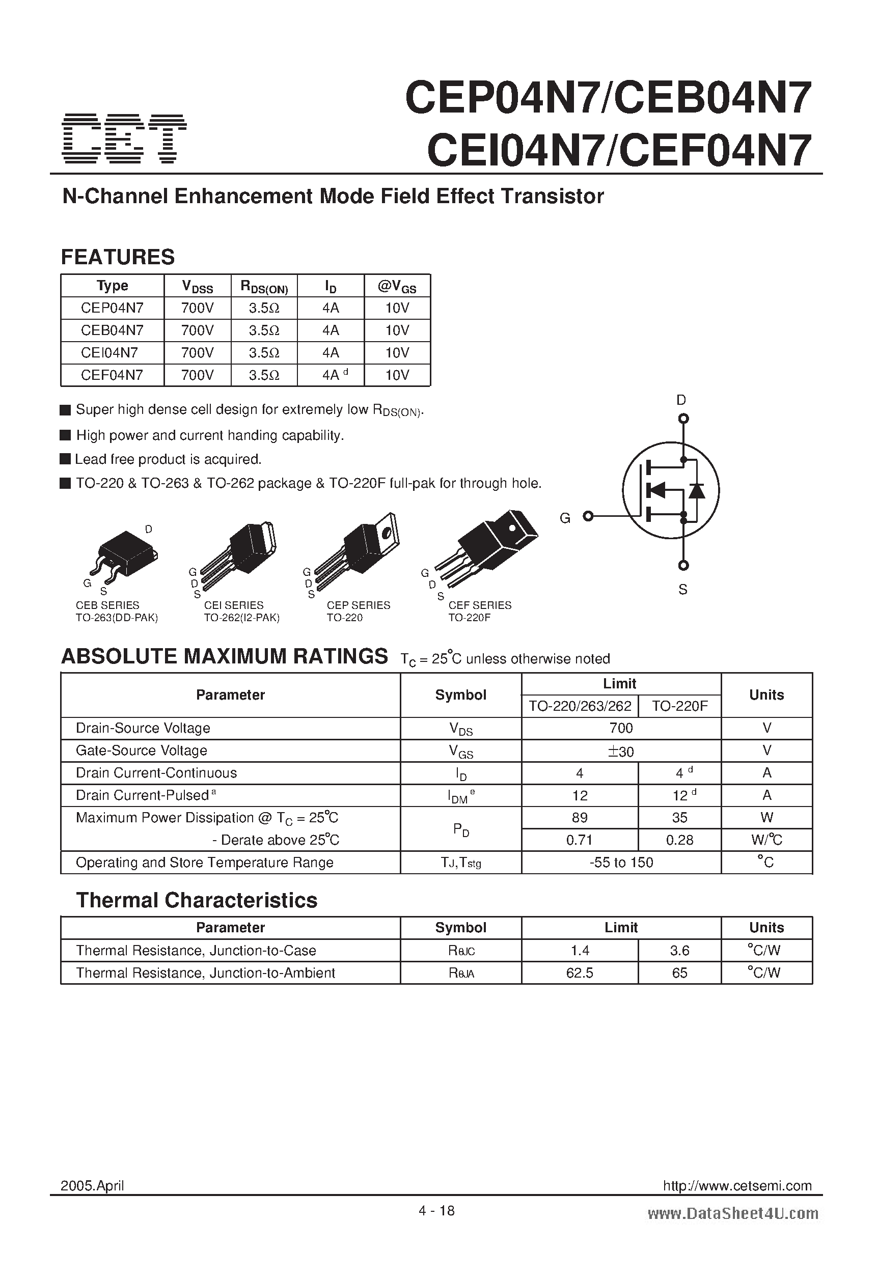Datasheet CEI04N7 - N-Channel Enhancement Mode Field Effect Transistor page 1