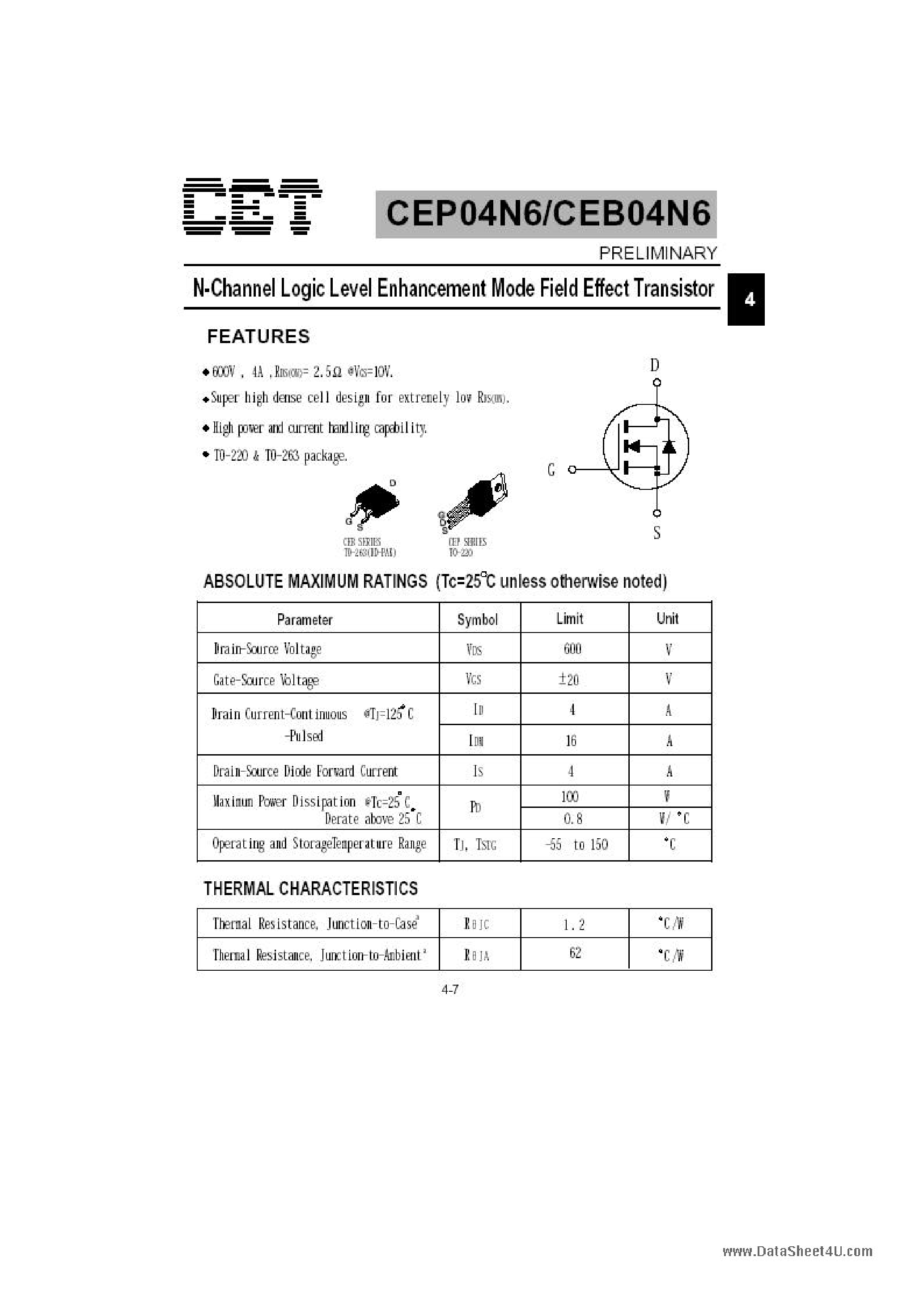 Datasheet CEB04N6 - N-Channel Logic Level Enhancement Mode Field Effect Transistor page 1