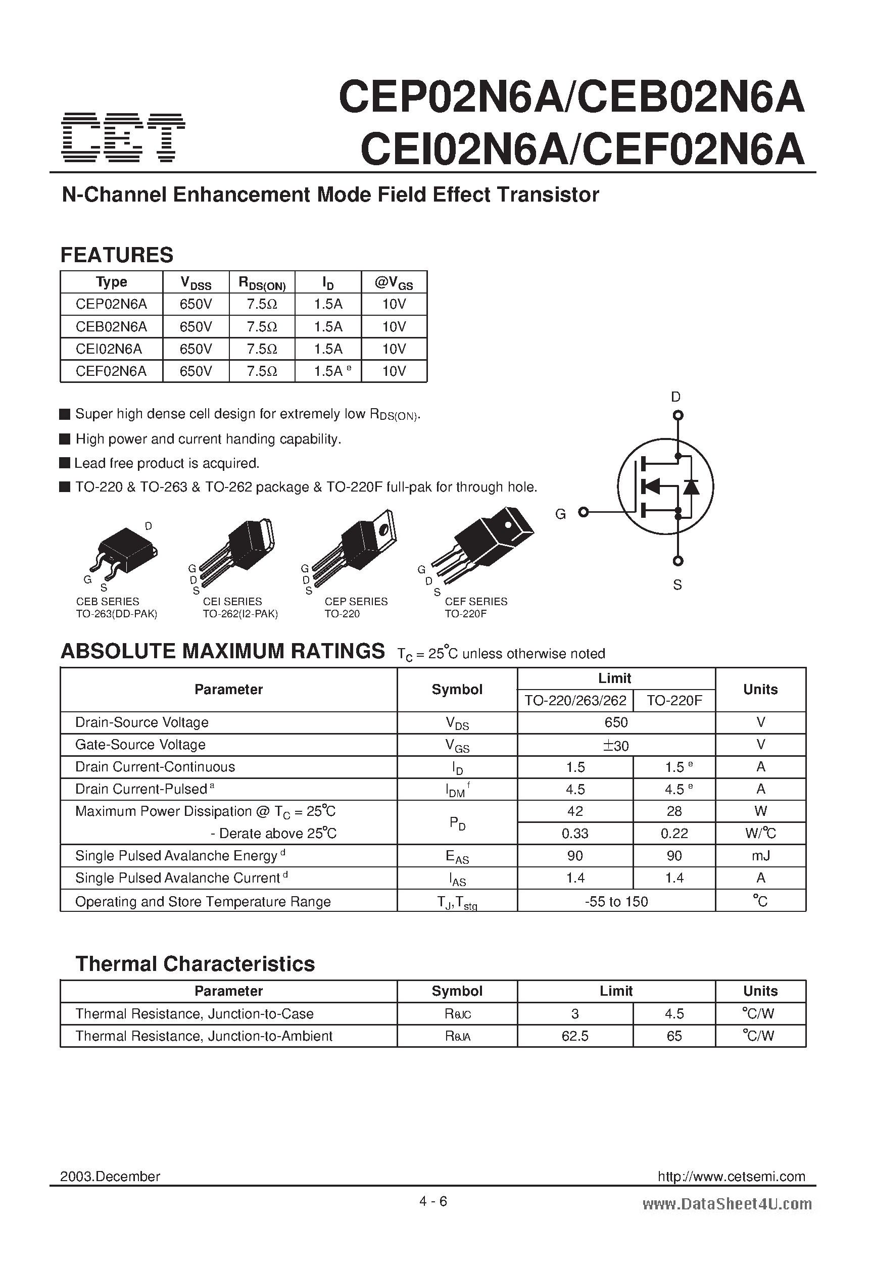 Datasheet CEB02N6A - N-Channel Enhancement Mode Field Effect Transistor page 1
