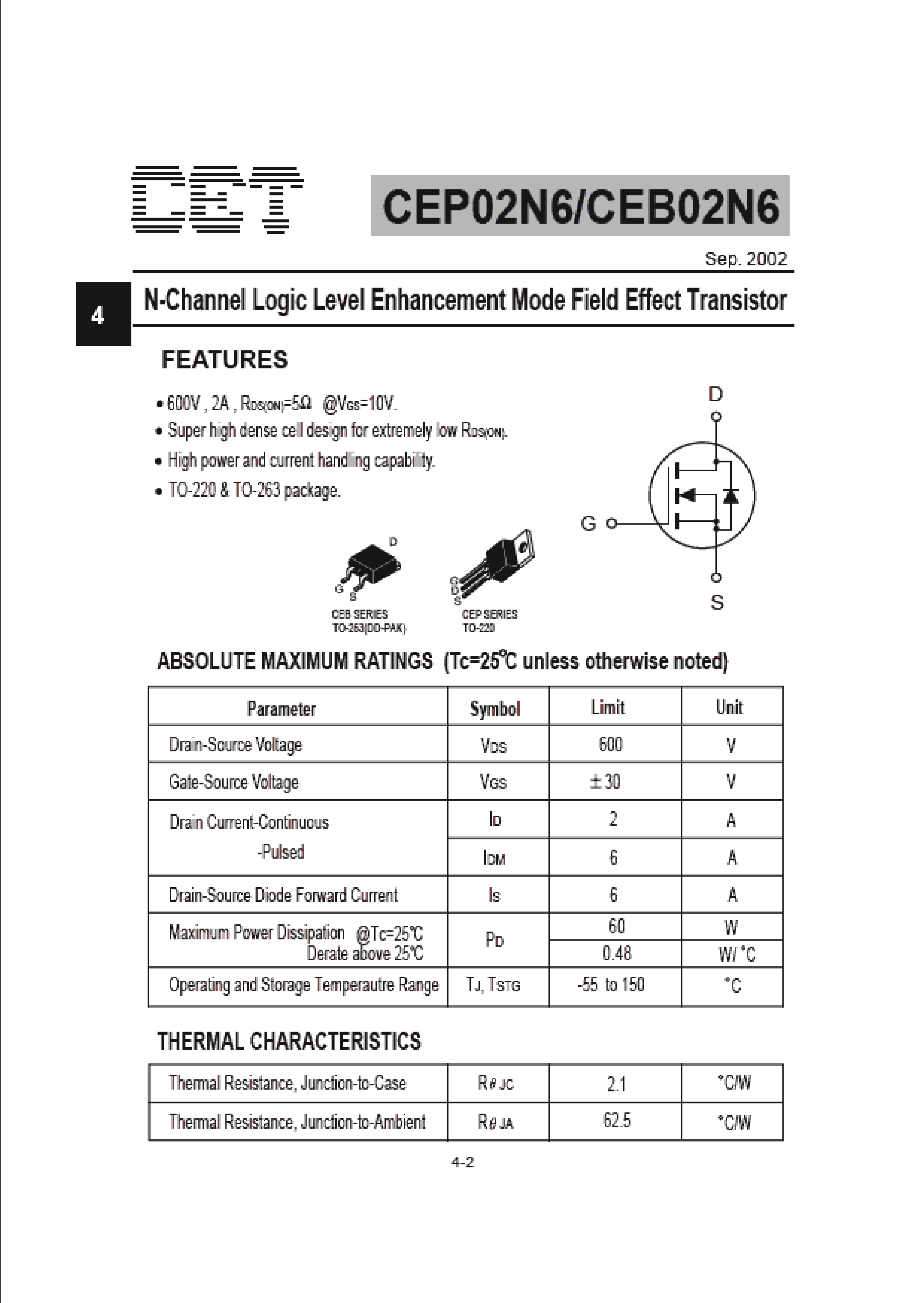 Datasheet CEB02N6 - N-CHANNEL LOGIC LEVEL ENHANCEMENT MODE FIELD EFFECT TRANSISTOR page 1