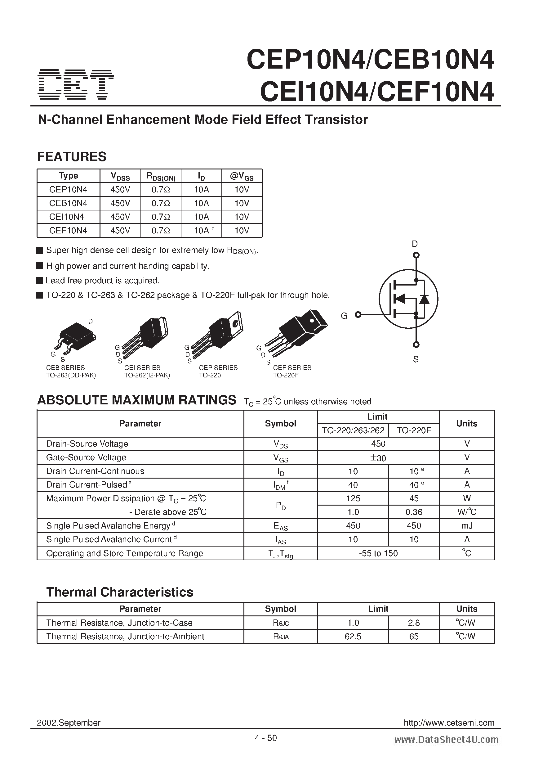 Datasheet CEF10N4 - N-Channel Enhancement Mode Field Effect Transistor page 1