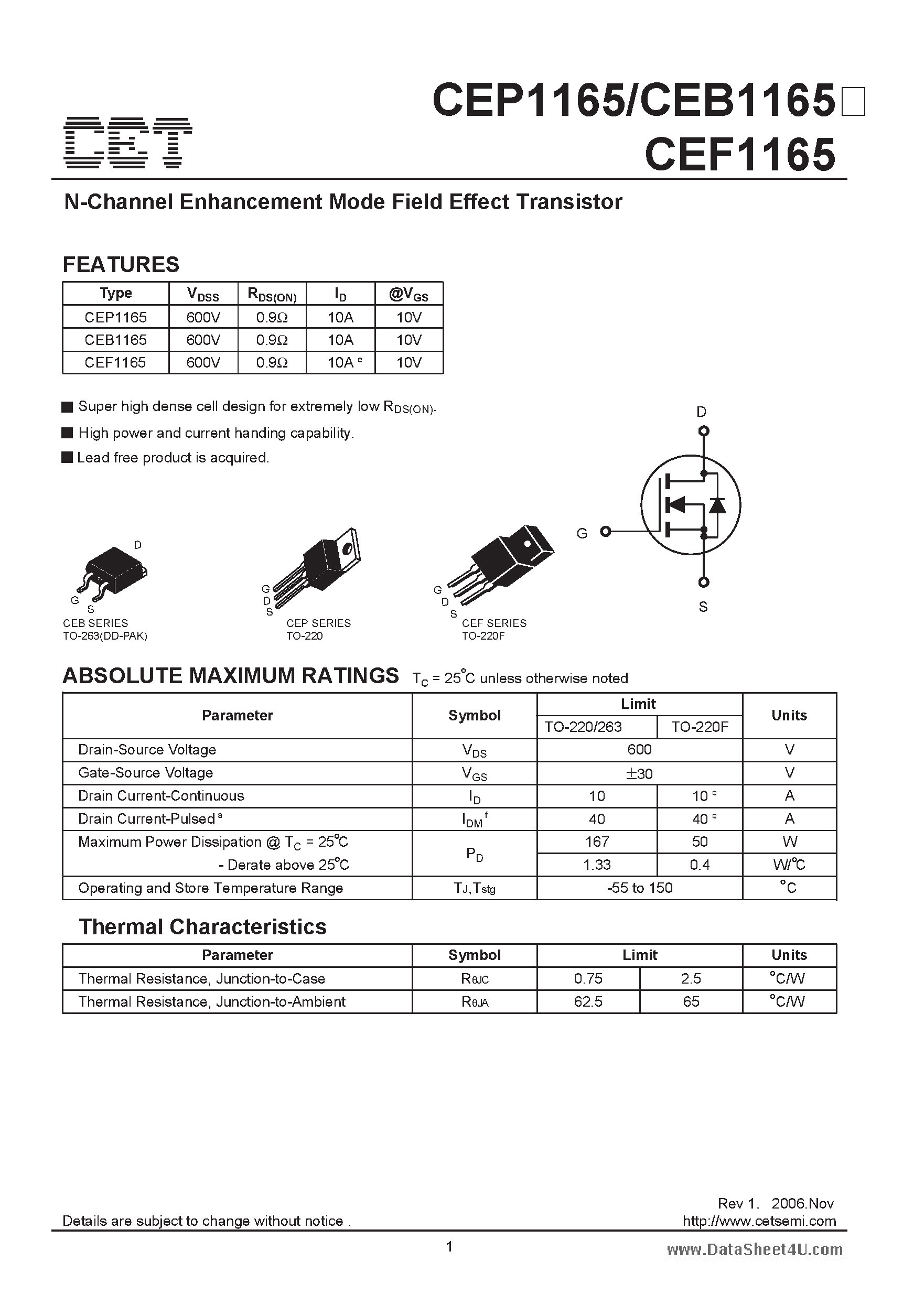 Datasheet CEB1165 - N-Channel Enhancement Mode Field Effect Transistor page 1