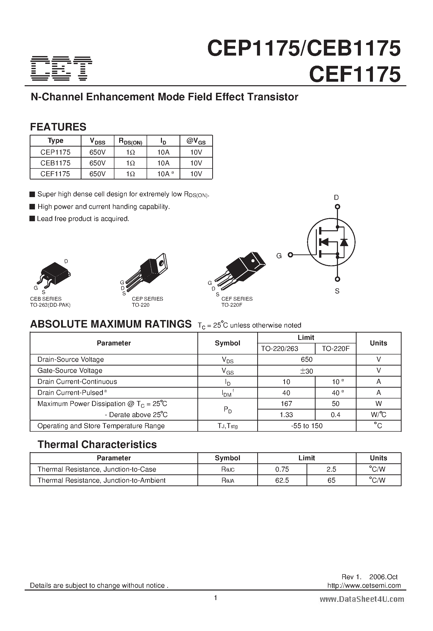 Datasheet CEP1175 - N-Channel Enhancement Mode Field Effect Transistor page 1