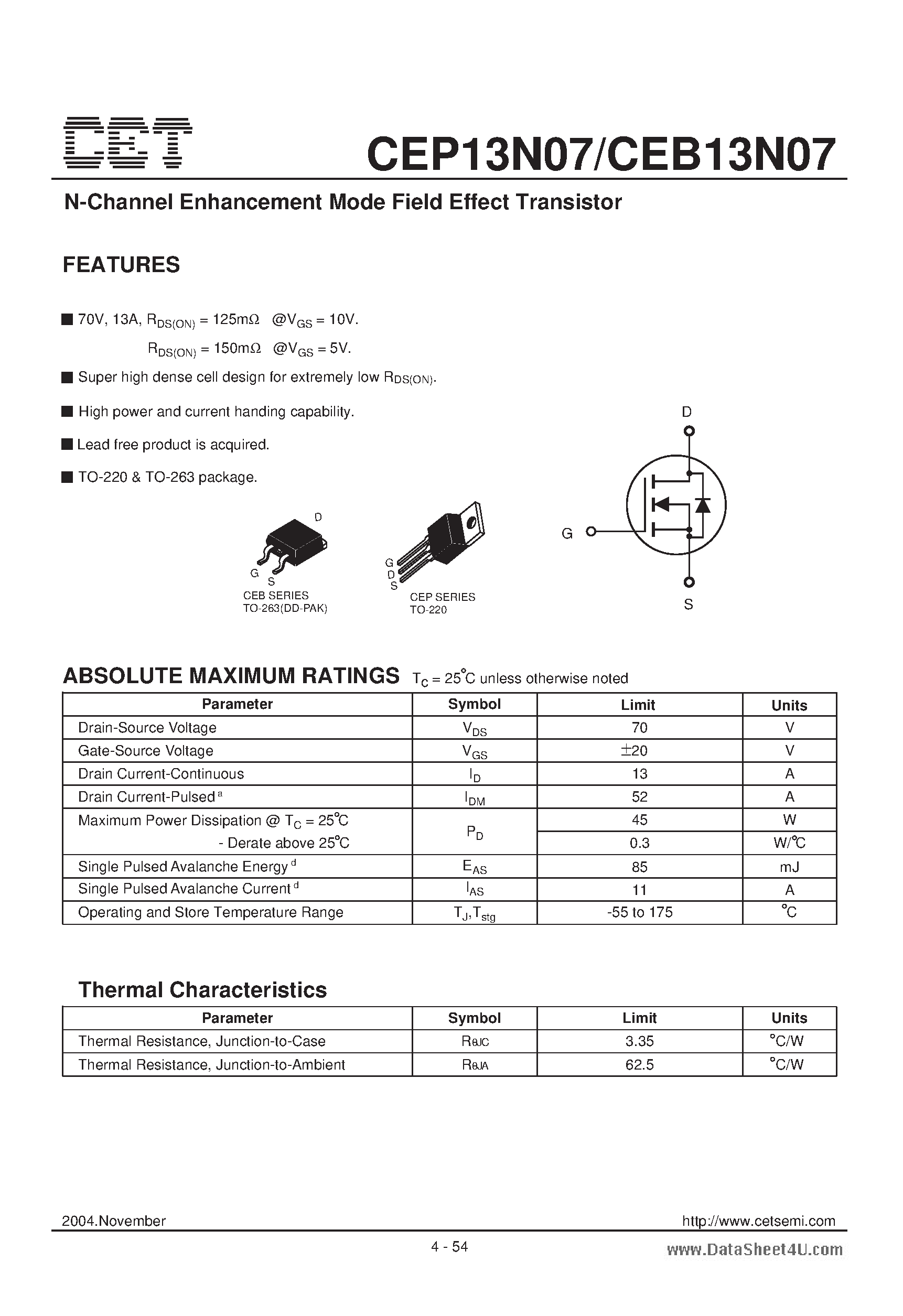 Datasheet CEP13N07 - N-Channel Enhancement Mode Field Effect Transistor page 1